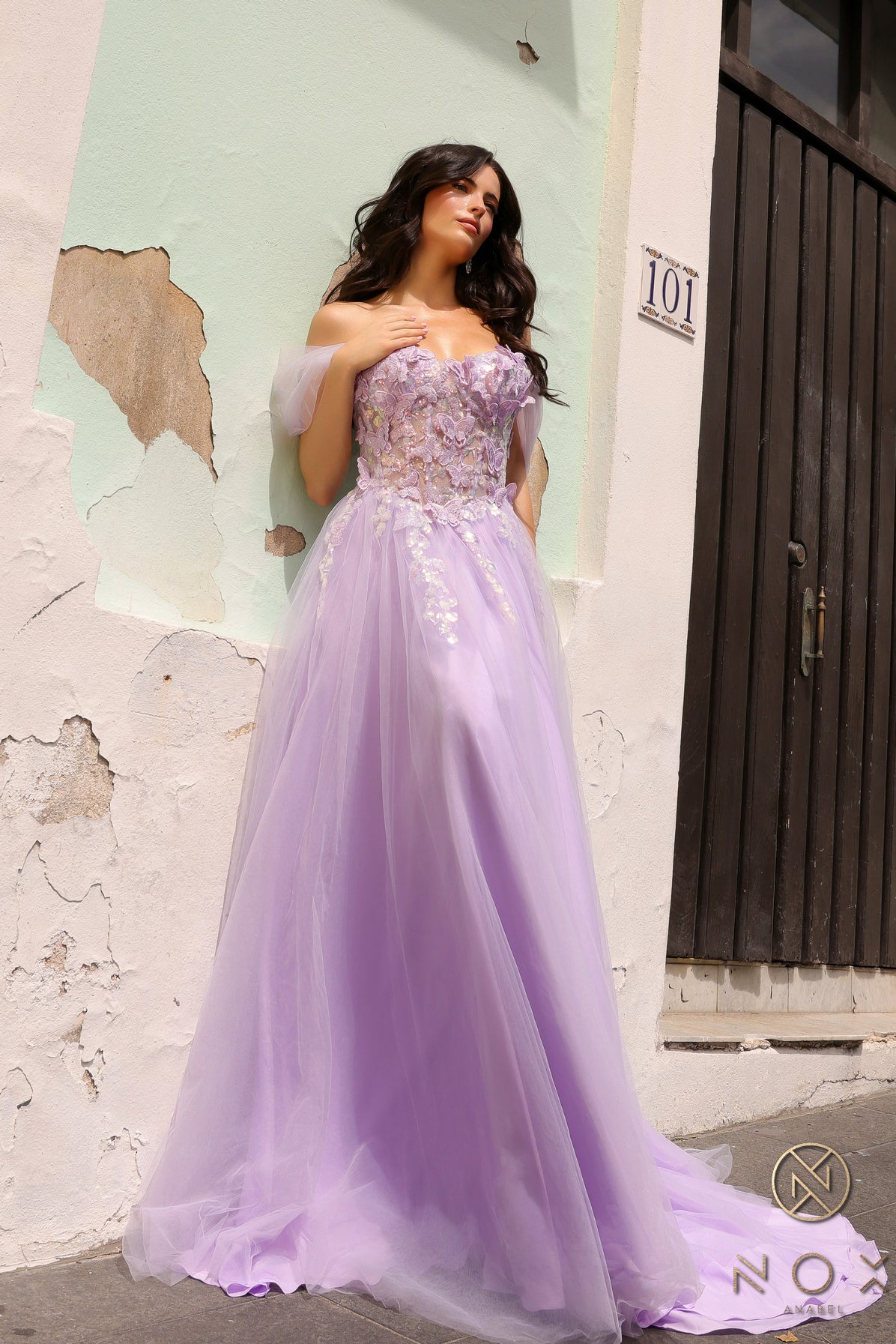 Nox Anabel J1324 A Line Prom Dress Sequin Lace Tulle off the shoulder Sheer Corset Formal Gown