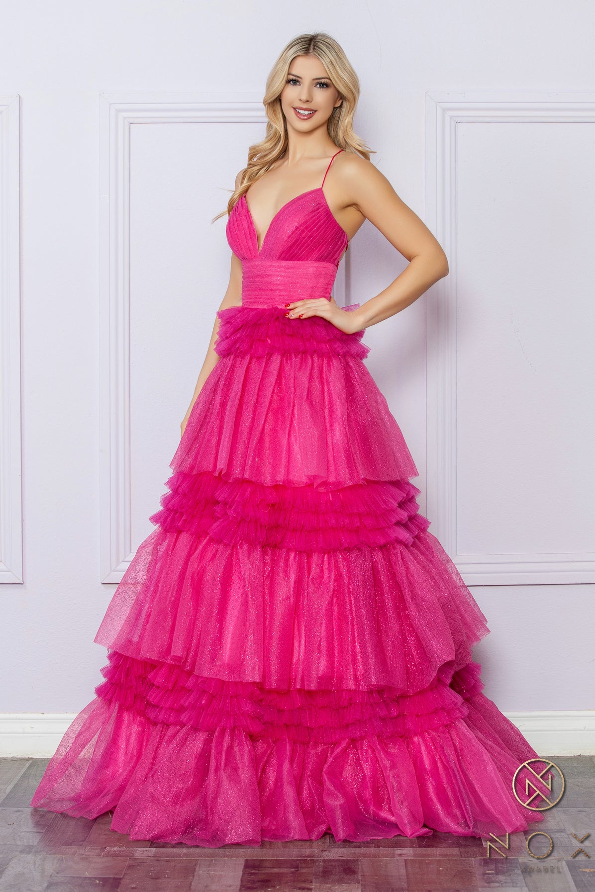 Nox Anabel R1316 A Line Pleated Shimmer Ballgown Prom Dress Layered Tulle Ruffle Corset Formal Gown