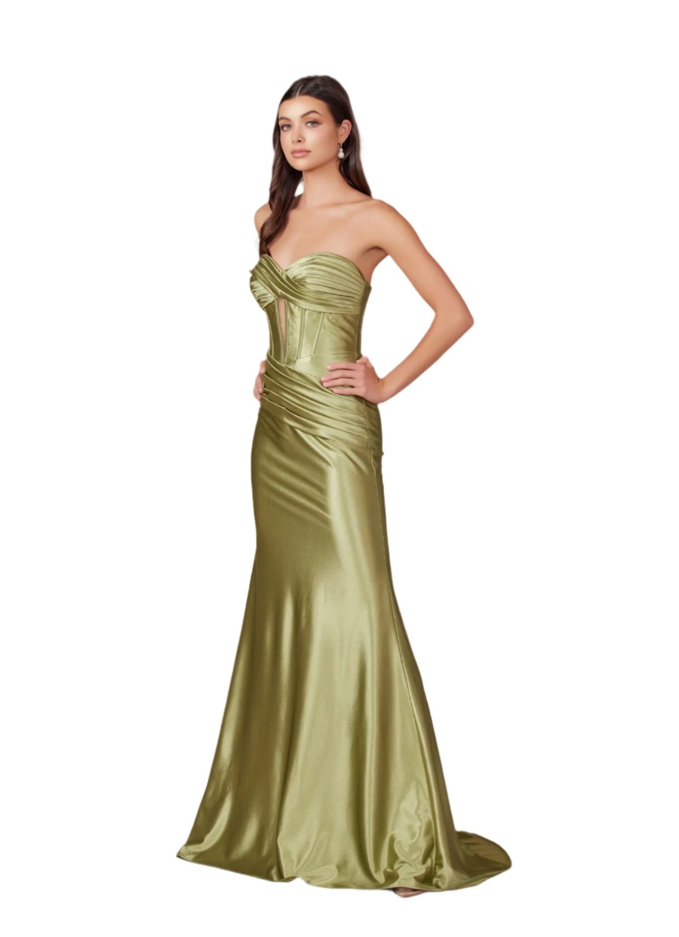 Shine bright at prom in the Nox Anabel T1500 Long Formal Corset Dress. With a cut out bodice and strapless sweetheart neckline, this gown is perfect for a fun and flirty evening. The corset bodice and ruched detailing add a touch of elegance, making you the star of the night.