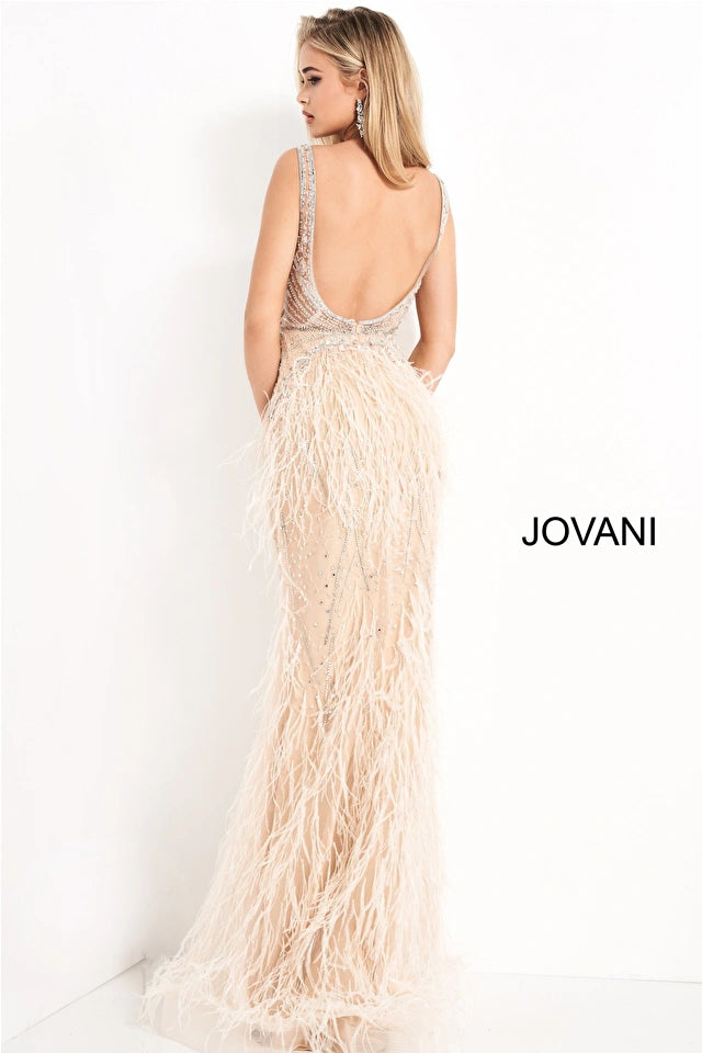 Jovani 03023 Sheer Crystal Prom Dress Feather Formal Evening Gown Wedding Pageant Couture