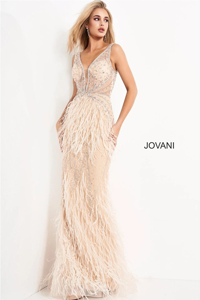 Jovani 03023 Sheer Crystal Prom Dress Feather Formal Evening Gown Wedding Pageant Couture