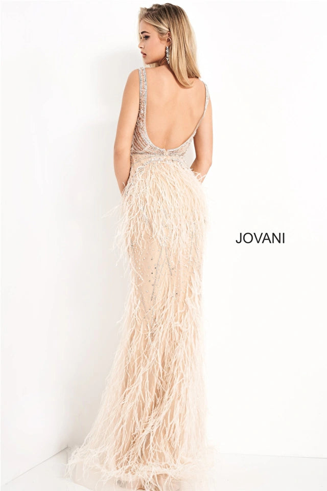 Jovani 03023 Sheer Crystal Prom Dress Feather Formal Evening Gown Wedding Pageant Couture