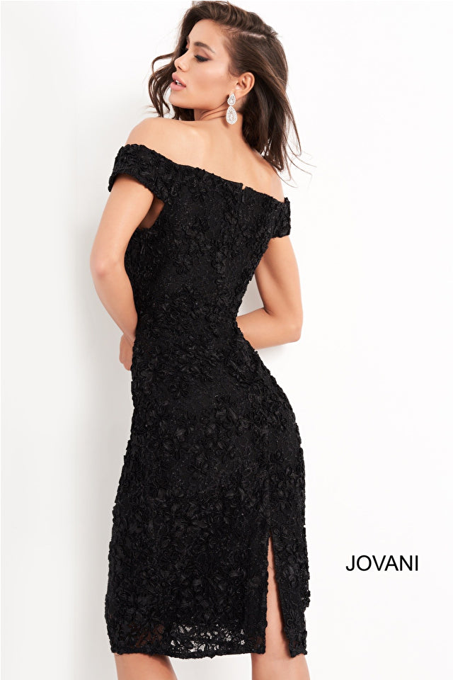 Jovani 04763 is a timeless off-the-shoulder formal dress. Crafted from all-over lace, it is designed to flatter the figure with its fitted silhouette. Perfect for weddings and special occasions, this knee length design will elevate your look.