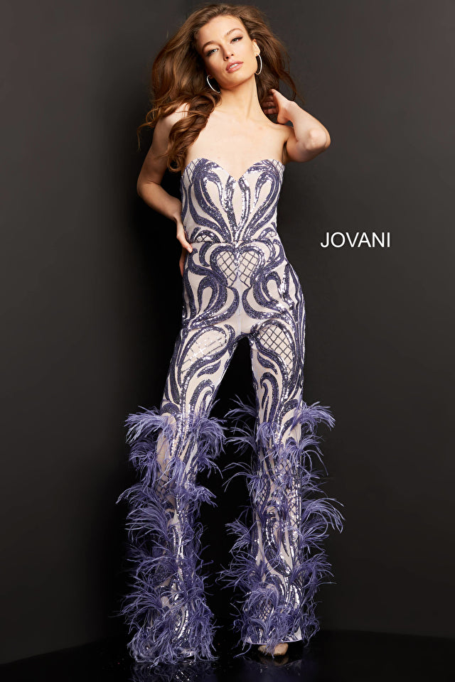 Jovani 05669 Embellished Sweetheart Neck Strapless Couture Feathered Jumpsuit Closure: Invisible Back Zipper with Hook and Eye Closure   Details: Sequin embellished prom jumpsuit with a nude underlay, straight pants embellished with feathers, strapless fitted bodice with sweetheart neckline.