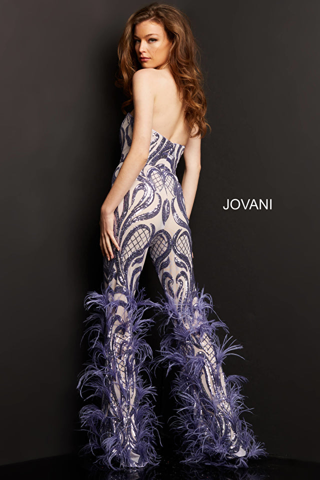 Jovani 05669 Embellished Sweetheart Neck Strapless Couture Feathered Jumpsuit Closure: Invisible Back Zipper with Hook and Eye Closure   Details: Sequin embellished prom jumpsuit with a nude underlay, straight pants embellished with feathers, strapless fitted bodice with sweetheart neckline.