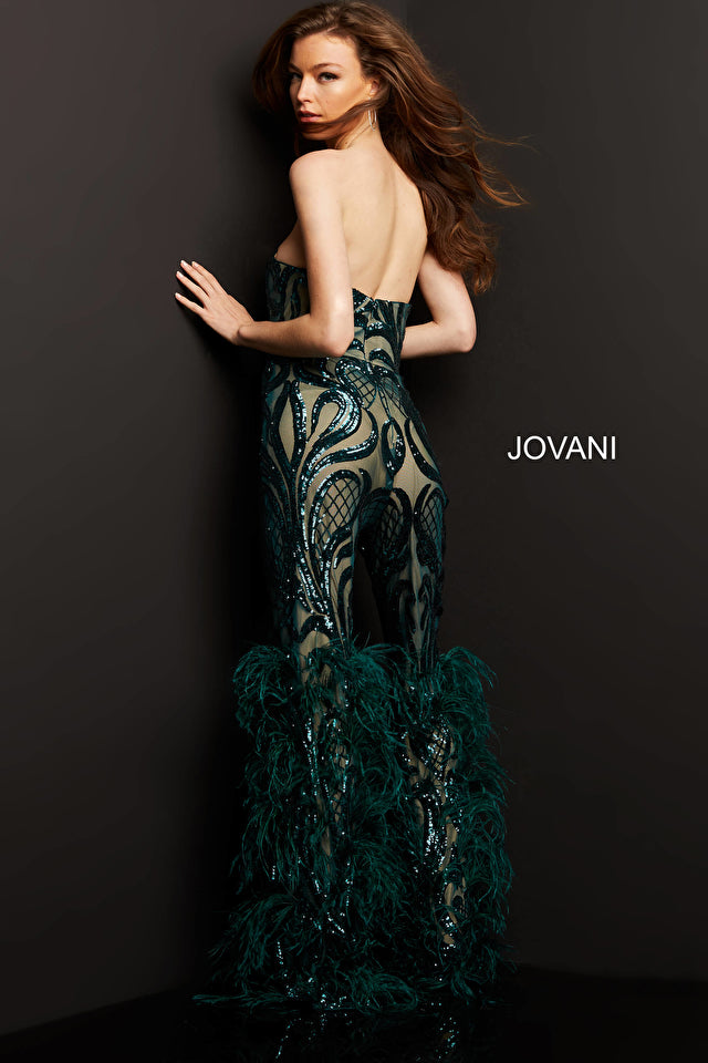 Jovani 05669 Embellished Sweetheart Neck Strapless Couture Feathered Jumpsuit Closure: Invisible Back Zipper with Hook and Eye Closure   Details: Sequin embellished prom jumpsuit with a nude underlay, straight pants embellished with feathers, strapless fitted bodice with sweetheart neckline.