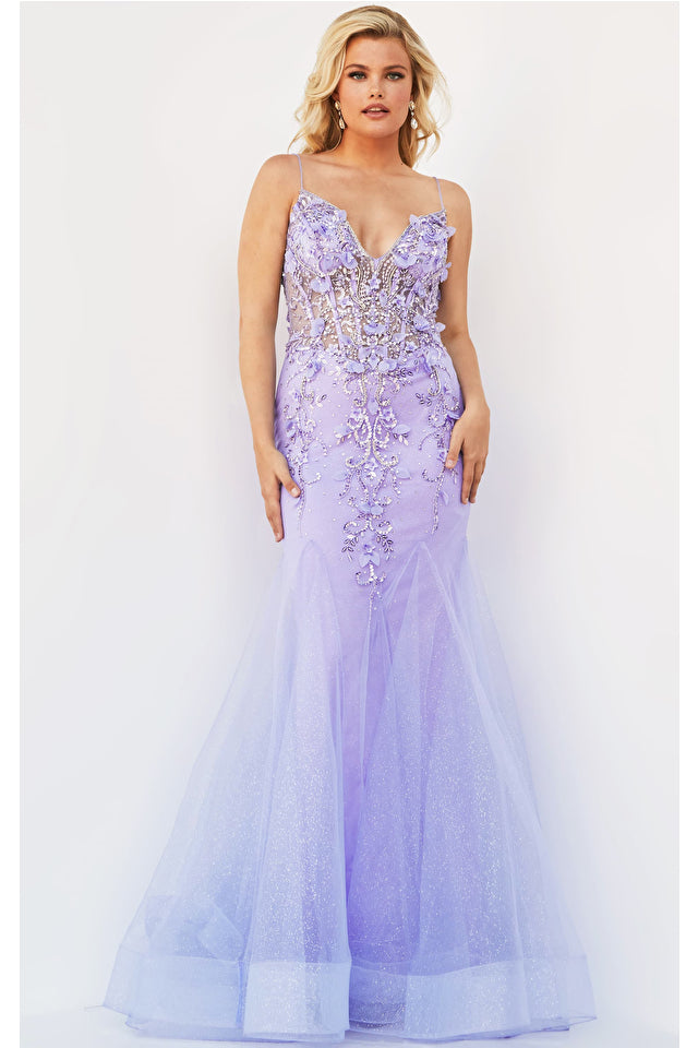 Jovani 05839 is an elegant long mermaid prom dress made of high-quality polyester/spandex fabric blend. It features a floral pattern V-neckline and a body-hugging silhouette, guaranteed to make a statement. The advanced manufacturing processes provide a comfortable fit and make it a perfect formal wear for any special occasions.