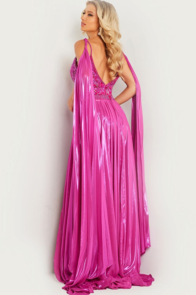 Be bold in the Jovani 07249 High Low Pageant Dress! This one-of-a-kind formal gown combines a metallic overskirt, pleated capes, and Crystal Beaded bodysuit for a truly dazzling look. Ready for the red carpet? You better believe it.  Sizes: 00-24  Colors: Hot Pink, Hunter, Light Pink