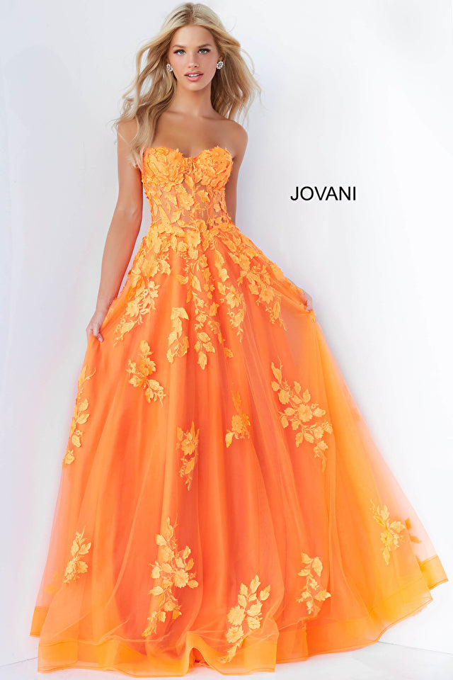 Jovani 07901 Long Ballgown Prom Pageant Gown Sheer Floral A Line Dress  Closure: Invisible Back Zipper with Hook and Eye Closure. Details: Floral applique floor length prom dress, A-line skirt with horsehair trim, fitted sheer corset bodice with boning, strapless sweetheart neckline.