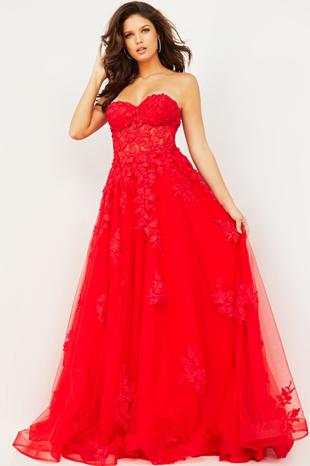 Jovani 07901 Long Ballgown Prom Pageant Gown Sheer Floral A Line Dress  Closure: Invisible Back Zipper with Hook and Eye Closure. Details: Floral applique floor length prom dress, A-line skirt with horsehair trim, fitted sheer corset bodice with boning, strapless sweetheart neckline.