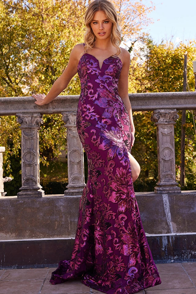 Jovani 08459 Spaghetti Strap V-Neck Low Back Sheath Sequin Embellished Prom Dress. The Jovani 08459 Royal Spaghetti Strap Sequin Embellished Prom Dress is a stunning option for a prom night or other special events. The dress features a sheath silhouette with a floor-length skirt that has a high slit