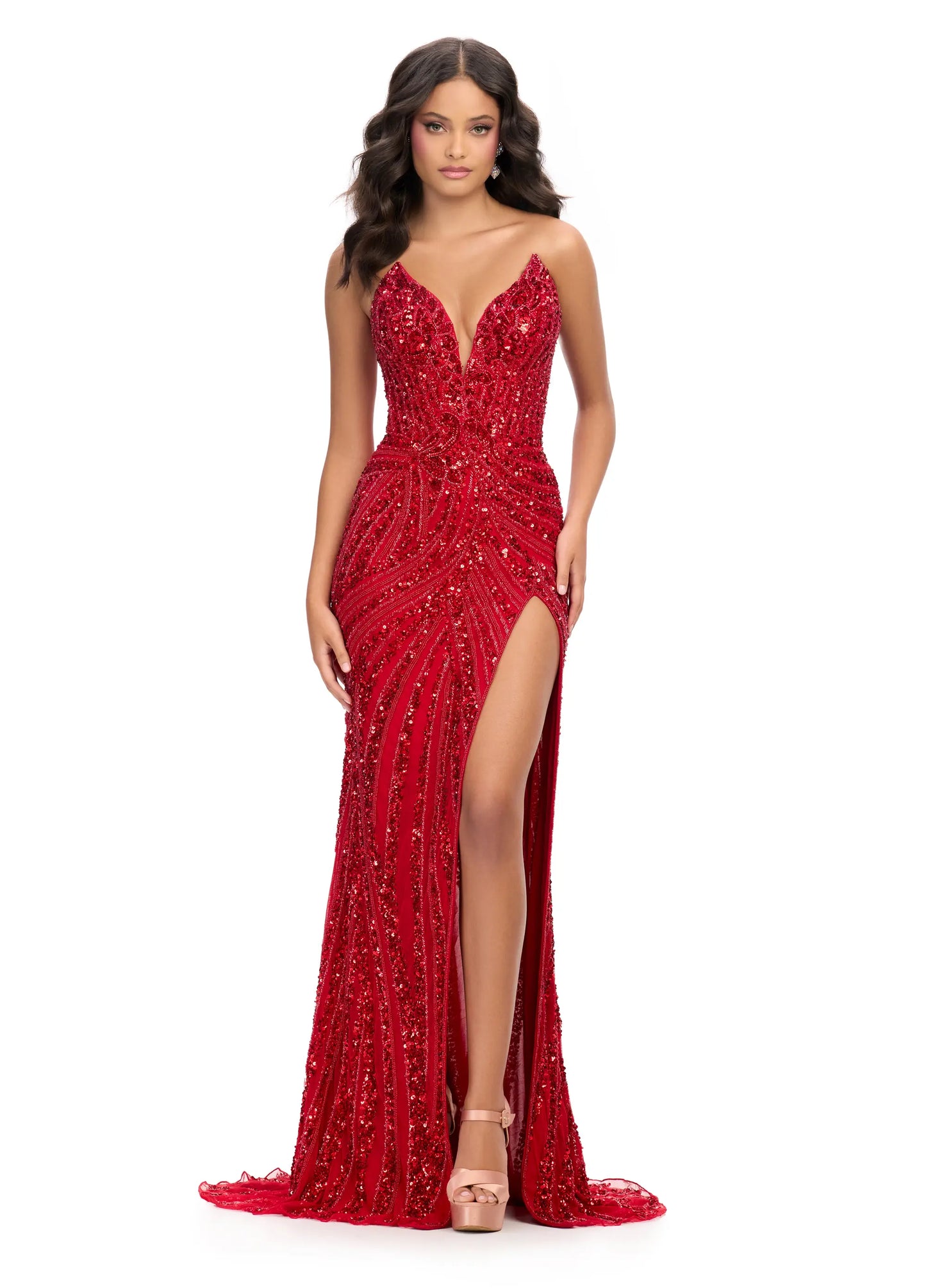 Ashley Lauren 11236 Long Fitted V Neck Slit Beaded Sequin Prom Dress Pageant Gown