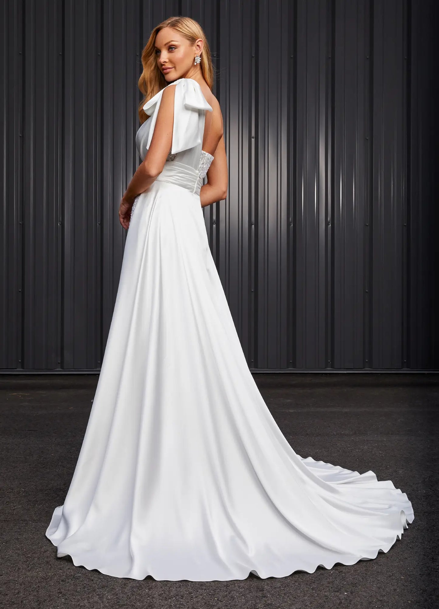 Ashley Lauren 11104 Size 4,8,12 Ivory Overskirt One Shoulder Bow Satin Long Overskirt Pageant Bridal Wedding