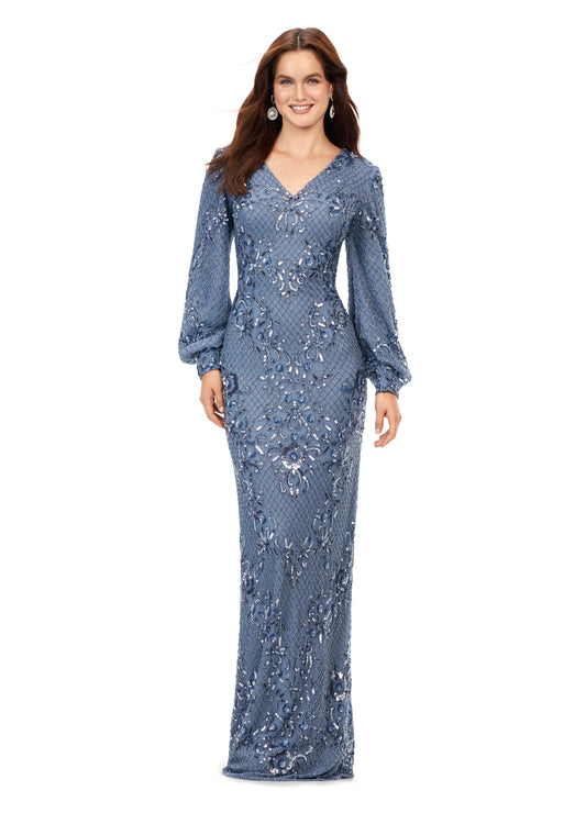 Ashley Lauren 11193 Beaded V-Neck Gown With Bishop Sleeves Fully Sequin Formal Dress. This ultra chic v-neck gown features an ornate bead pattern throughout, and carries onto the bishop sleeves. The full zipper high back, and center back vent completes the look.