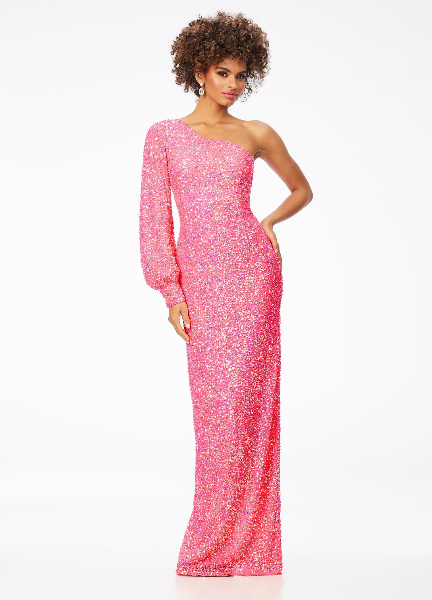 Ashley Lauren 11194  This gorgeous sequin gown features a one shoulder neckline dress features a bishop sleeve and a fitted column skirt with back vent.  Available colors:  Neon Pink, Peacock, Purple, Emerald, Black