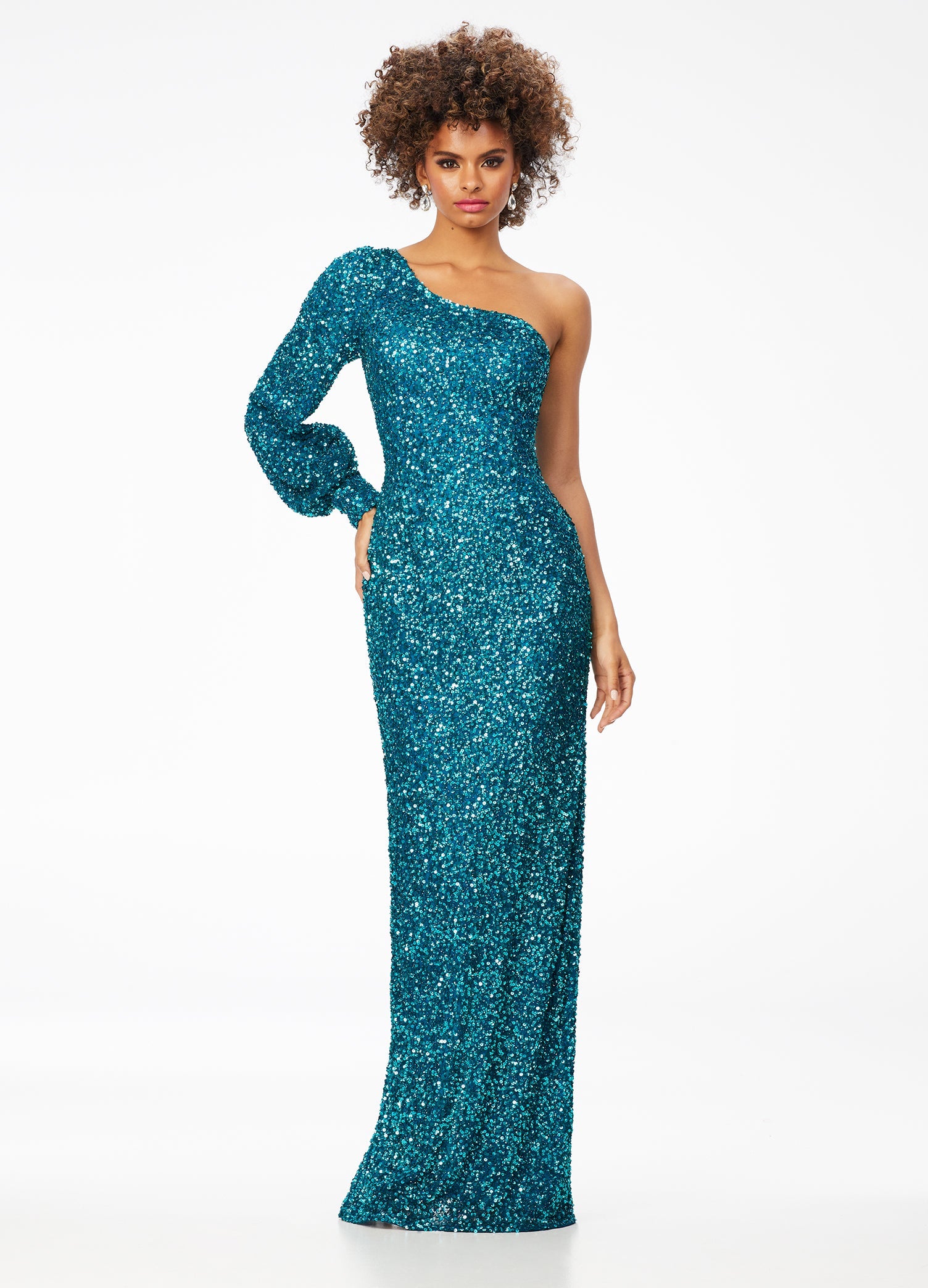 Ashley Lauren 11194  This gorgeous sequin gown features a one shoulder neckline dress features a bishop sleeve and a fitted column skirt with back vent.  Available colors:  Neon Pink, Peacock, Purple, Emerald, Black