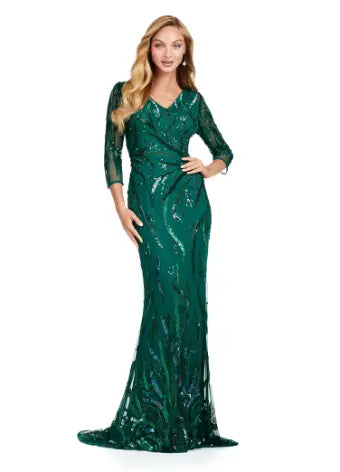 Ashley Lauren 11205 Long Evening Gown Mother of the Bride Dress Three Quarter Sleeve V-Neck High Back Fit And Flare Fully Beaded Formal Gown