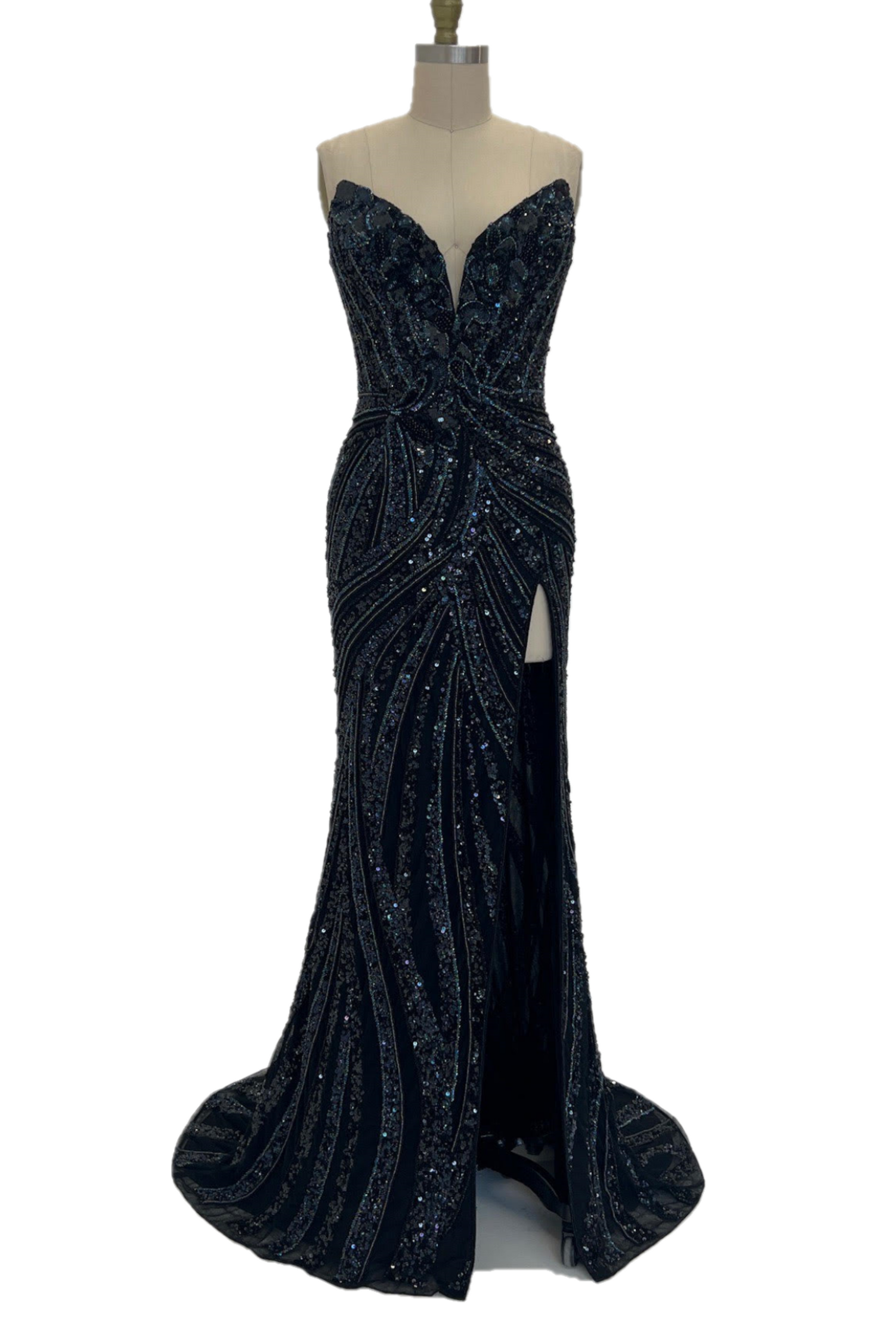 Ashley Lauren 11236 Long Fitted V Neck Slit Beaded Sequin Prom Dress Pageant Gown This strapless gown is sure to turn heads. The sweetheart neckline is complete with a modern floral sequin motif that continues down the bustier and skirt. The skirt is complete with a left leg slit.