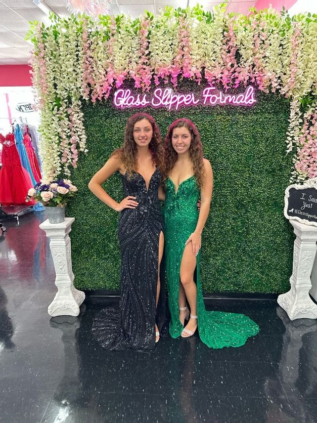 Ashley Lauren 11236 Long Fitted V Neck Slit Beaded Sequin Prom Dress Pageant Gown This strapless gown is sure to turn heads. The sweetheart neckline is complete with a modern floral sequin motif that continues down the bustier and skirt. The skirt is complete with a left leg slit.