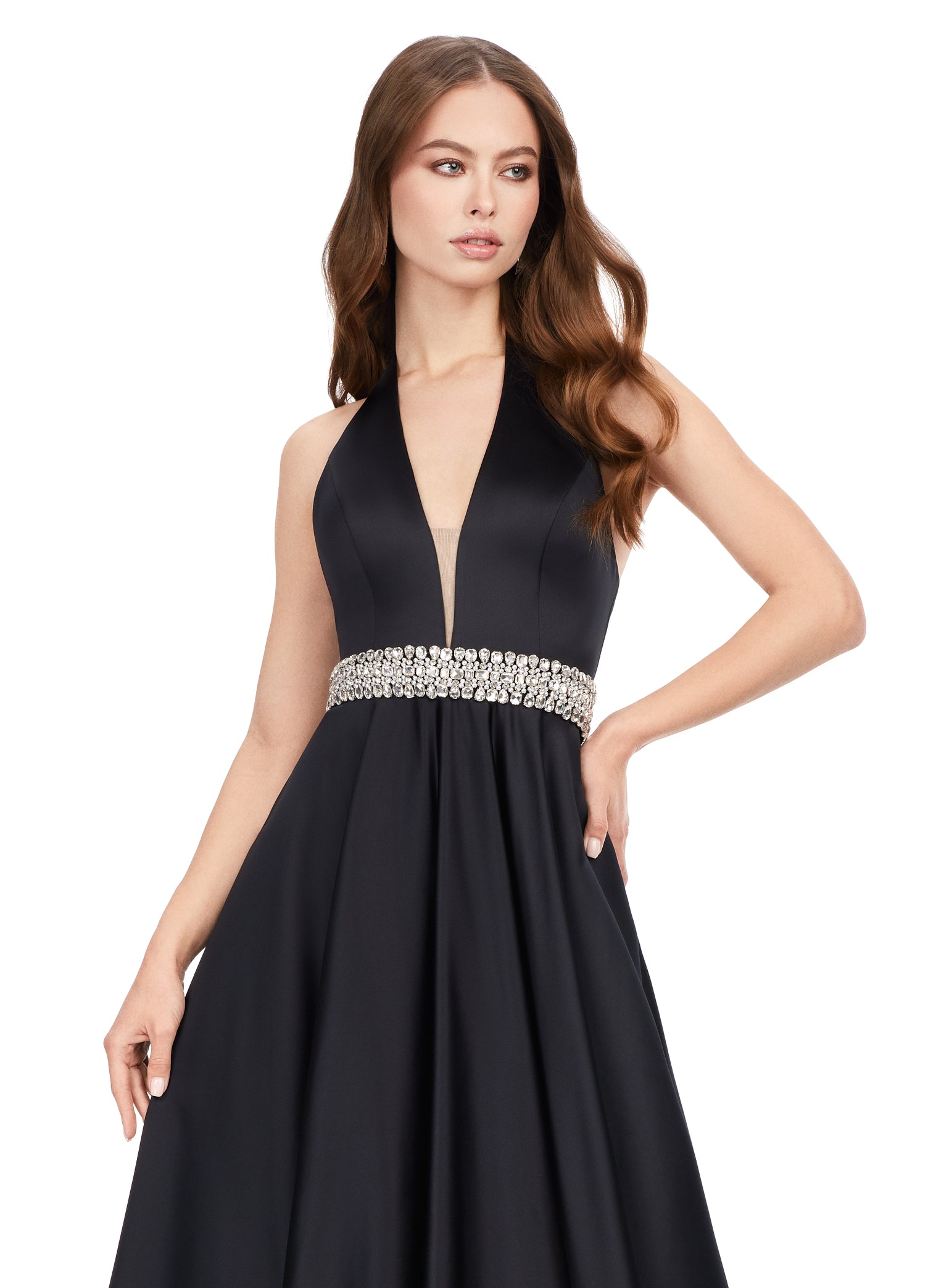 Ashley Lauren 11249 V-Neck Heavy Satin Ballgown Halter Top Open Back Crystal Belt Formal Gown. Make a statement in this beautiful long satin dress, featuring a halter neckline and crystal beaded accent belt.