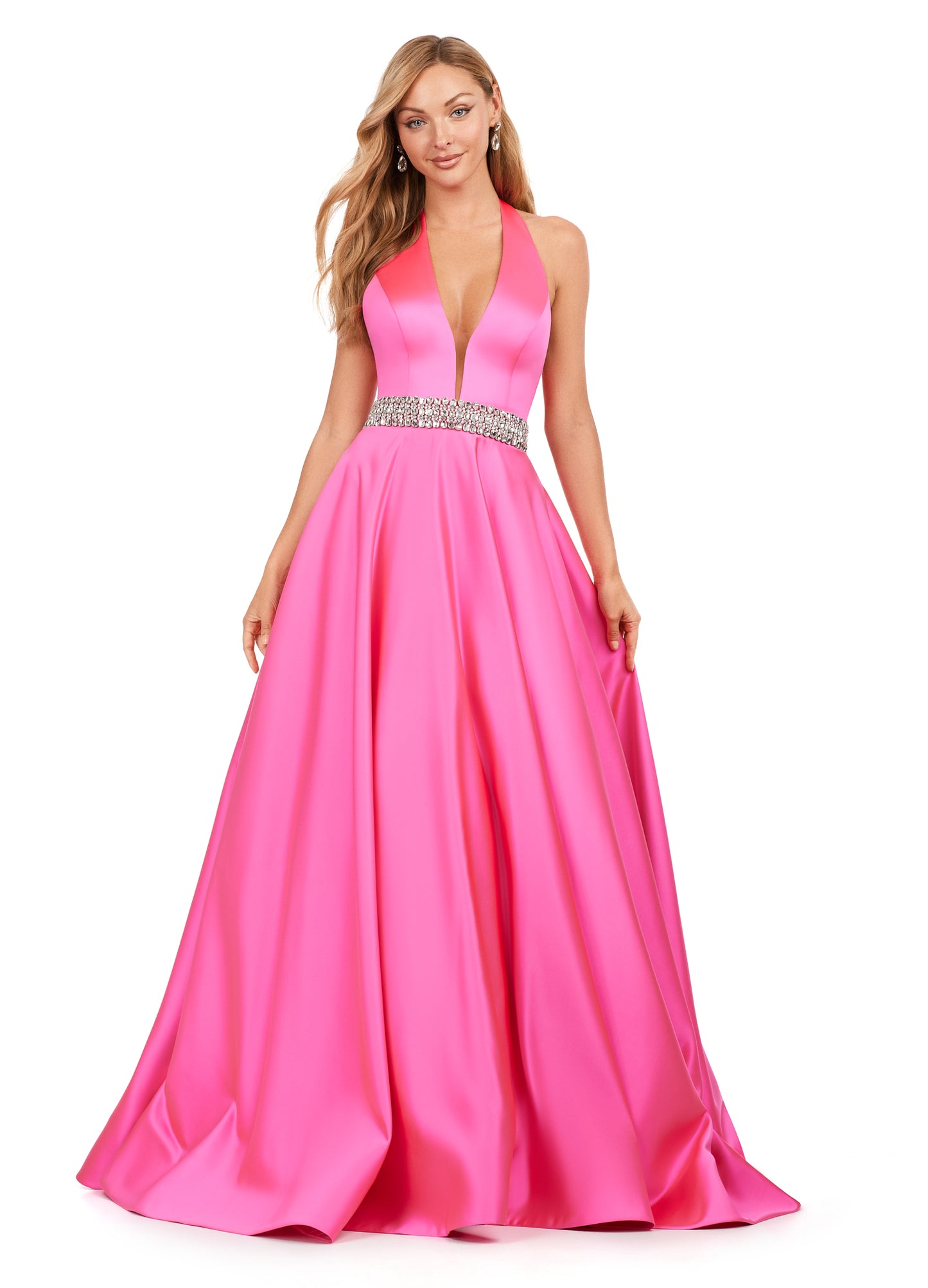 Ashley Lauren 11249 V-Neck Heavy Satin Ballgown Halter Top Open Back Crystal Belt Formal Gown. Make a statement in this beautiful long satin dress, featuring a halter neckline and crystal beaded accent belt.