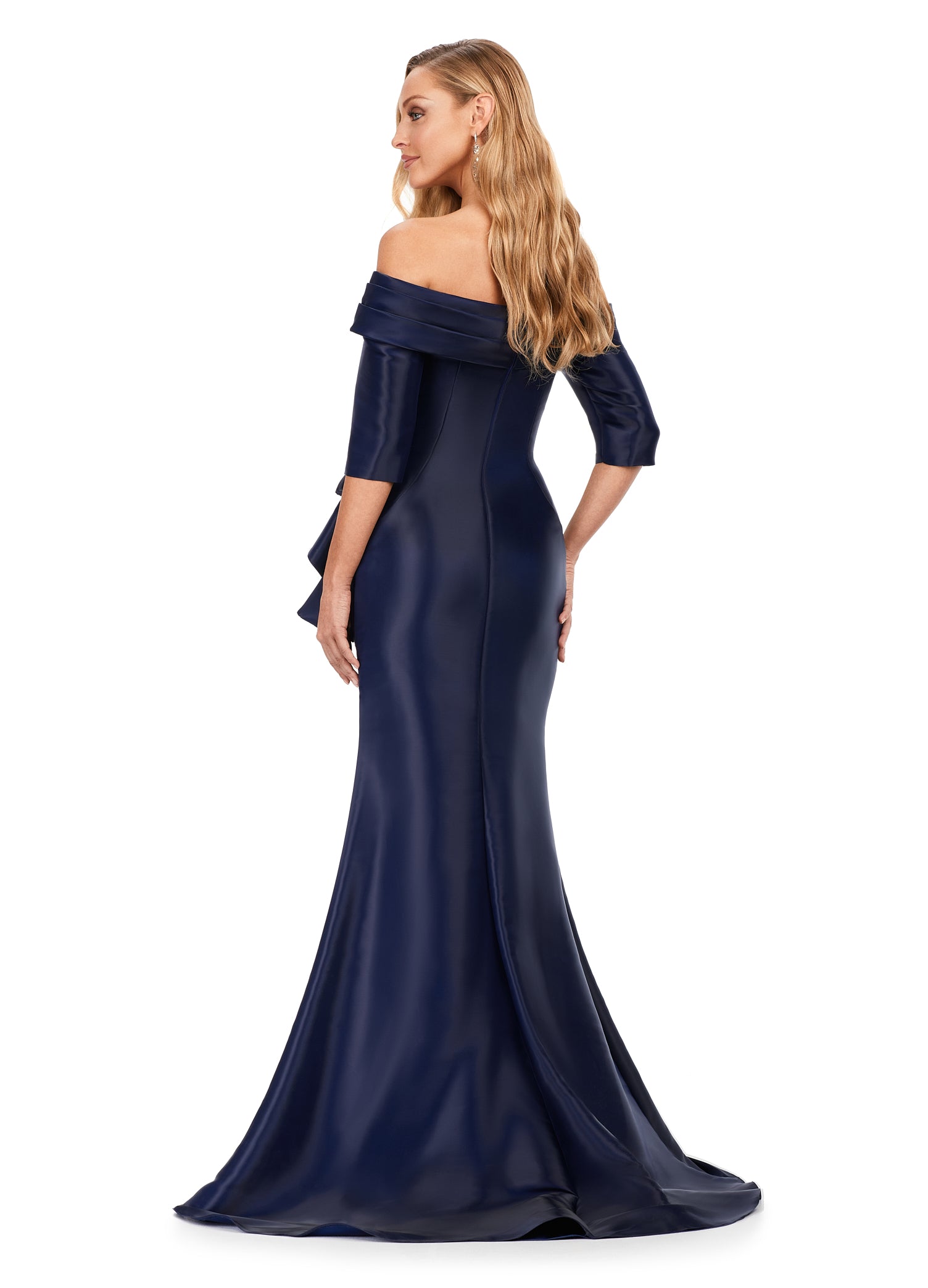 Ashley Lauren 11324 Phantom Satin Off The Shoulder Ruffle Detailing Mermaid Fitted Silhouette Evening Dress. This off the shoulder fitted mermaid gown features a ruffle at the hip. This elegant satin gown is the perfect staple for any event.