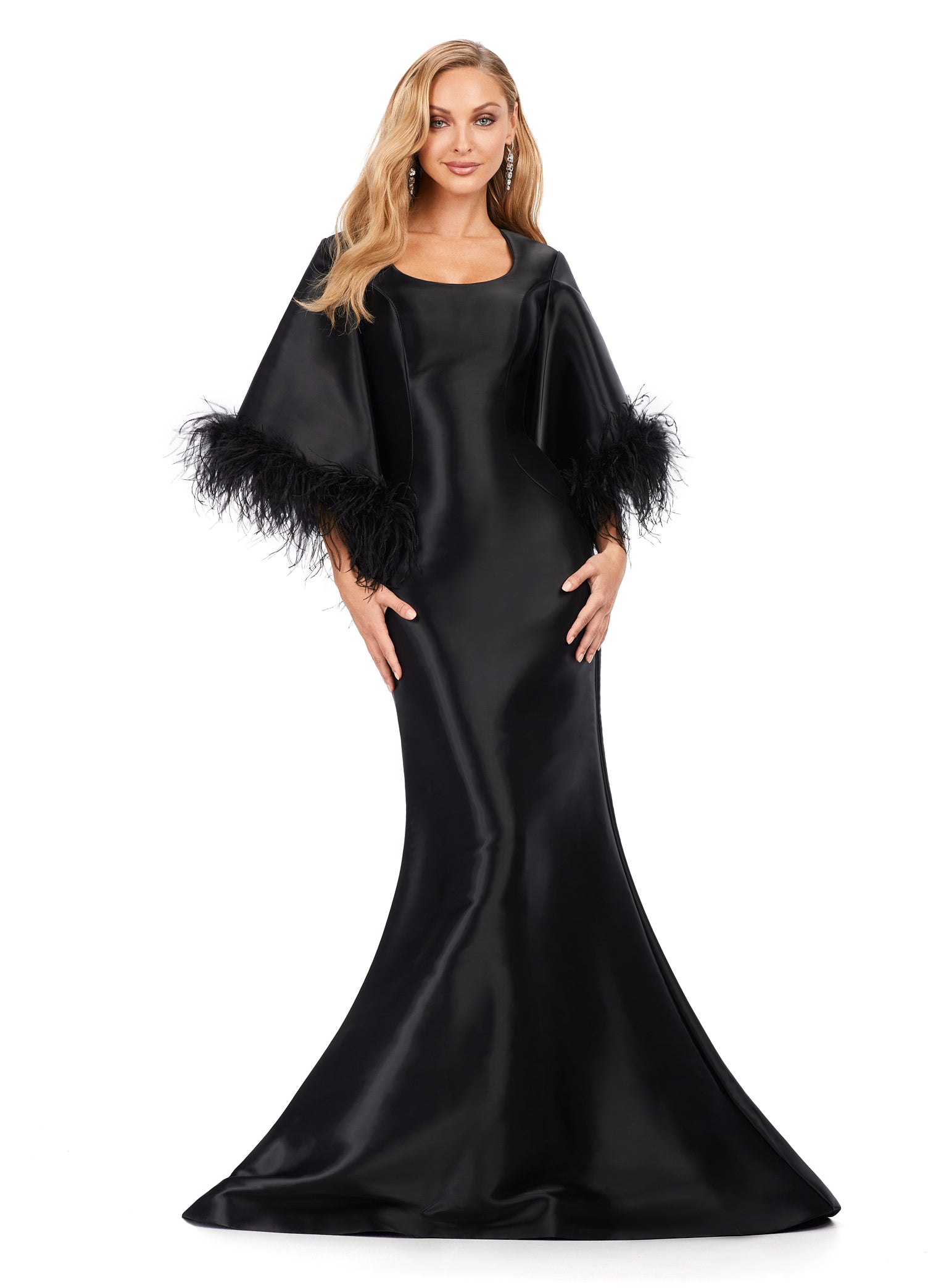 Ashley Lauren 11381 Fit And Flare Dress With Feather Sleeves Scoop Neckline Phantom Satin Formal Dress. Make an entrance in this phantom satin fit and flare gown with flare sleeves. The modern scoop neckline and sleeves trimmed in feathers are sure to stand out. The skirt is finished with horsehair.