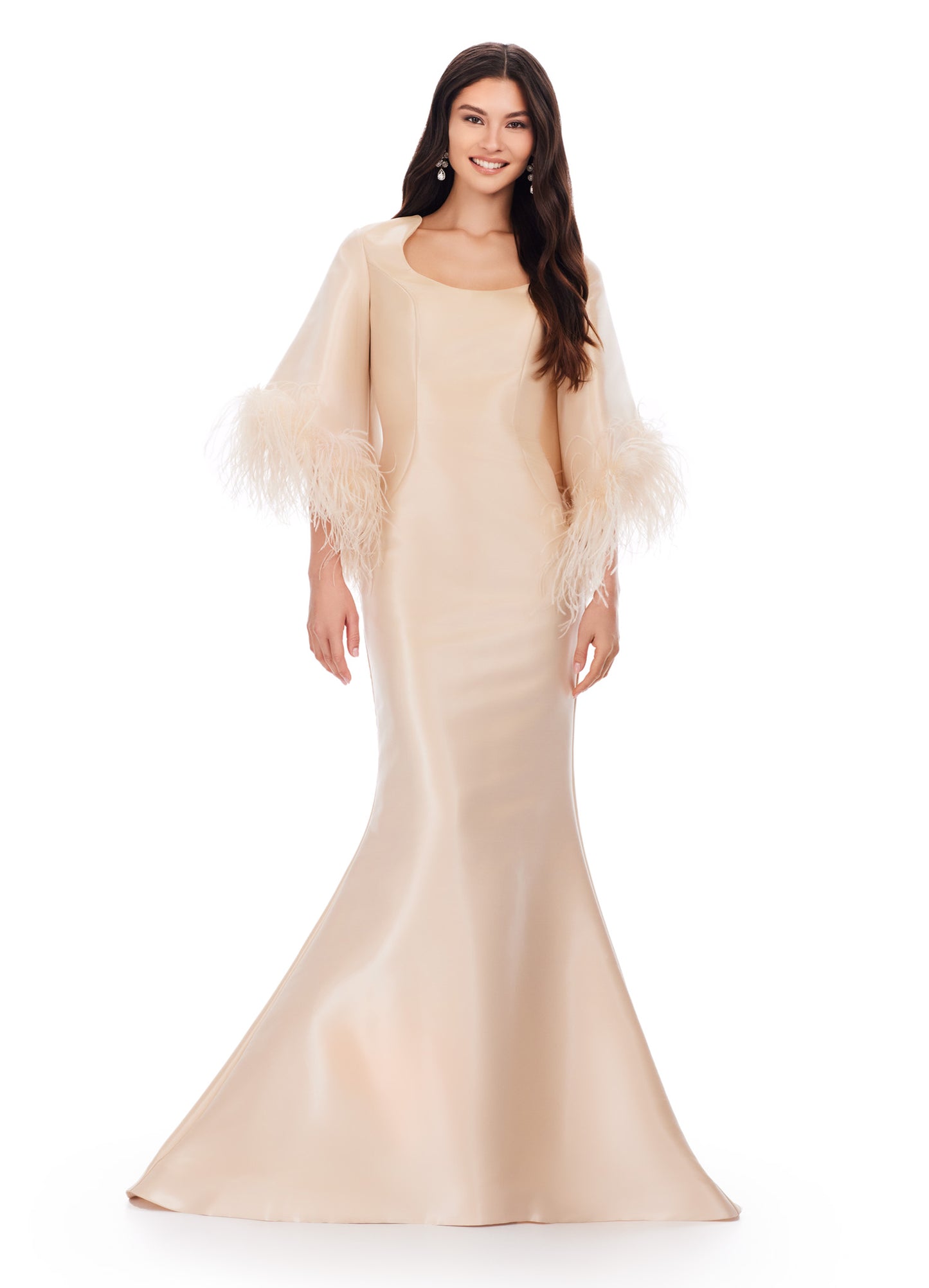 Ashley Lauren 11381 Fit And Flare Dress With Feather Sleeves Scoop Neckline Phantom Satin Formal Dress Prom