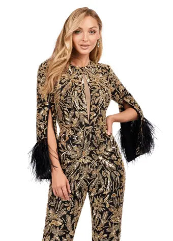 The Ashley Lauren 11394 Fully Beaded Jumpsuit with Feathers is a stunning choice for any formal event. This jumpsuit features intricate beading and elegant feather detailing, adding an extra touch of luxury. Designed by Ashley Lauren, a renowned expert in the fashion industry, this jumpsuit is sure to make a statement. Perfect for prom or any special occasion. Make a statement in this extravagant jumpsuit! Fully beaded with an open back and feathered cuffs, the details in this jumpsuit is sure to WOW!