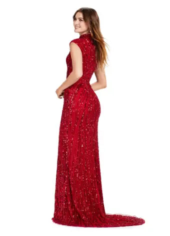 Make a statement in this Ashley Lauren 11395 long prom dress. With its fully beaded bodice and fitted silhouette, it is sure to turn heads. The high neck and center slit add a touch of elegance, making it the perfect choice for a formal event or pageant. This fully sequin dress has an intricate beaded motif that is sure to accentuate your curves. With its elegant high neckline and modest center slit, this dress will have you feeling like royalty!