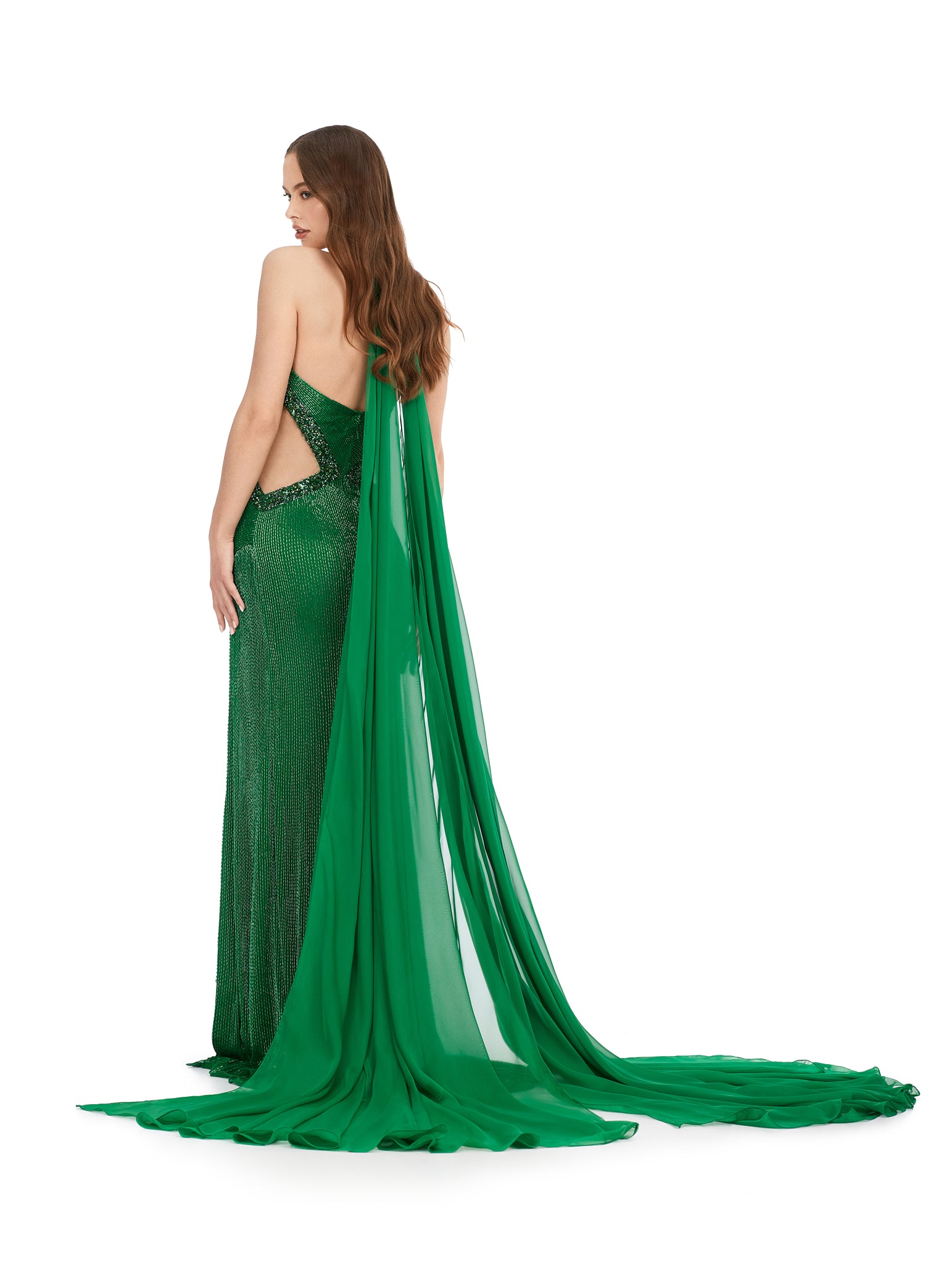 Ashley Lauren 11399 Halter Neckline Liquid Beaded Chiffon Cape Illusion Cut Outs With Crystal Detail Formal Dress . Sparkle from every angle in this elegantly detailed gown. The liquid beading is met with crystal accents that follow the dresses cut outs. With a gorgeous flowing cape, this dress is going to make you feel and look glamorous!