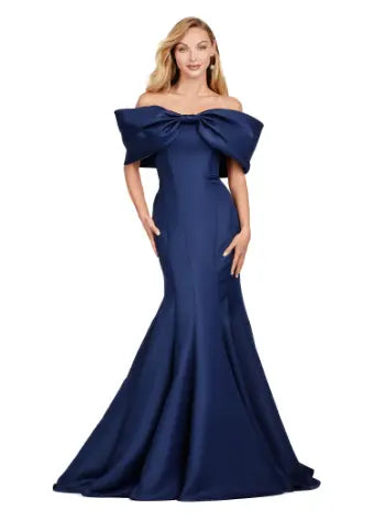 Experience elegance with the Ashley Lauren 11413 Long Prom Dress. Designed with an off-shoulder neckline, this dress is crafted from luxurious double-faced satin and features an oversized bow for added drama. Perfect for formal events and pageants, this dress will make you stand out with its sophisticated and flattering silhouette. Talk about elegant. This off shoulder gown is complete with an oversized bow along the neckline. This double faceted satin gown has a mermaid silhouette.