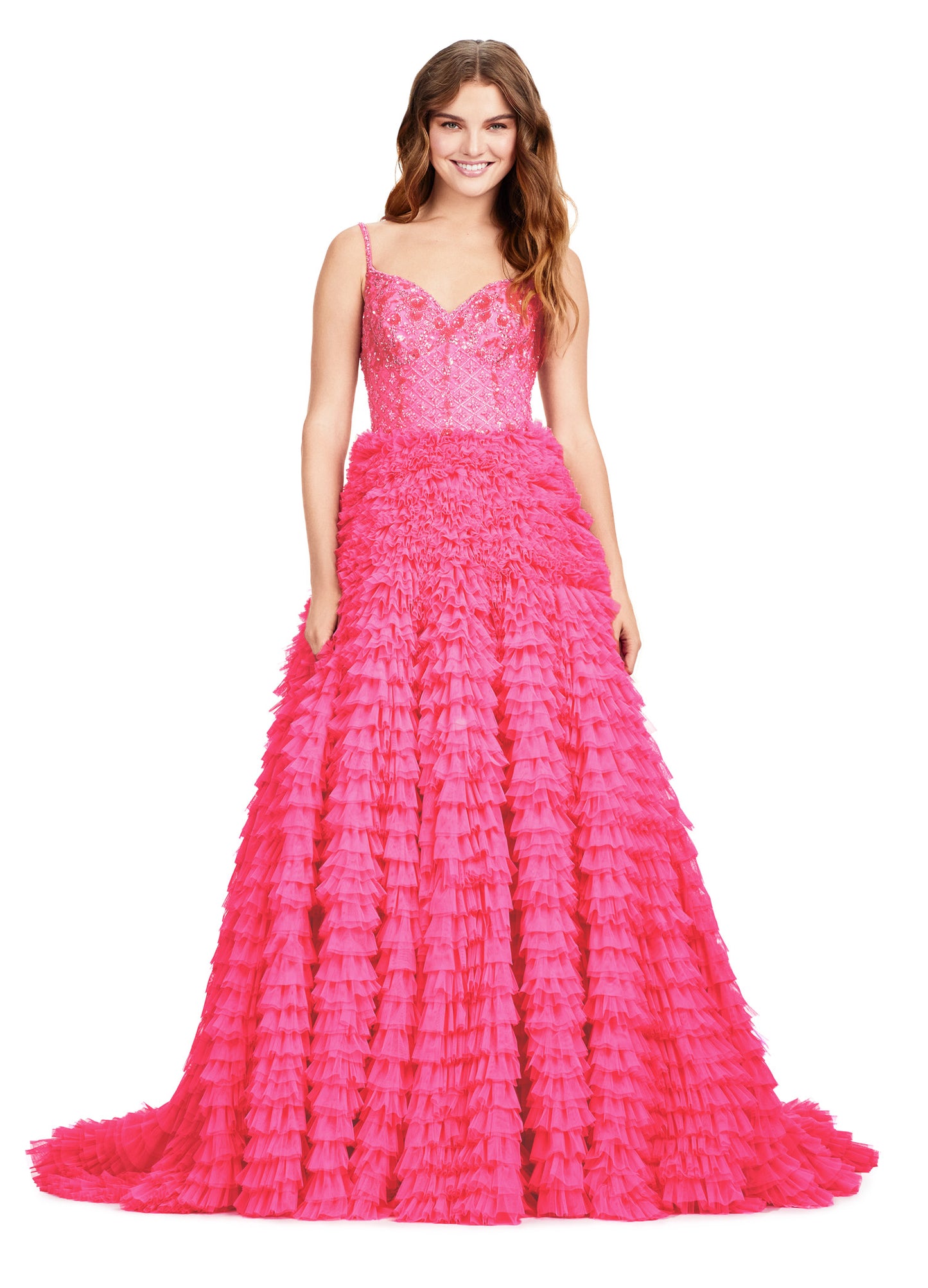 Make a statement in this Ashley Lauren 11427 long prom dress. The fully beaded bodice adds a touch of glamour while the layered tulle skirt creates volume and movement. Perfect for formal events and pageants, this ball gown will make you feel like a true queen. Turn heads in this gorgeous ball gown! With its fully beaded bodice and full layered tulle skirt, you'll feel like a queen!