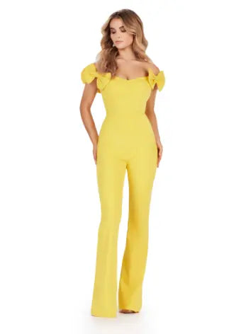 Introducing the Ashley Lauren 11439 Formal Scuba Jumpsuit, featuring a beautiful off shoulder design with elegant bow details. Made with high-quality scuba fabric, this jumpsuit offers a comfortable and sleek fit for any prom or formal occasion. Show off your fashion-forward style with this must-have piece. Strike a pose in this fun-fashion scuba jumpsuit! With the cutest off shoulder bow sleeves, this piece will give you the confidence you need at any event!