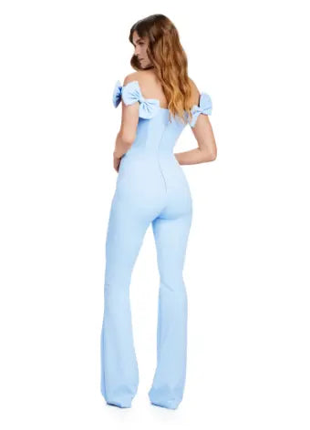 Introducing the Ashley Lauren 11439 Formal Scuba Jumpsuit, featuring a beautiful off shoulder design with elegant bow details. Made with high-quality scuba fabric, this jumpsuit offers a comfortable and sleek fit for any prom or formal occasion. Show off your fashion-forward style with this must-have piece. Strike a pose in this fun-fashion scuba jumpsuit! With the cutest off shoulder bow sleeves, this piece will give you the confidence you need at any event!