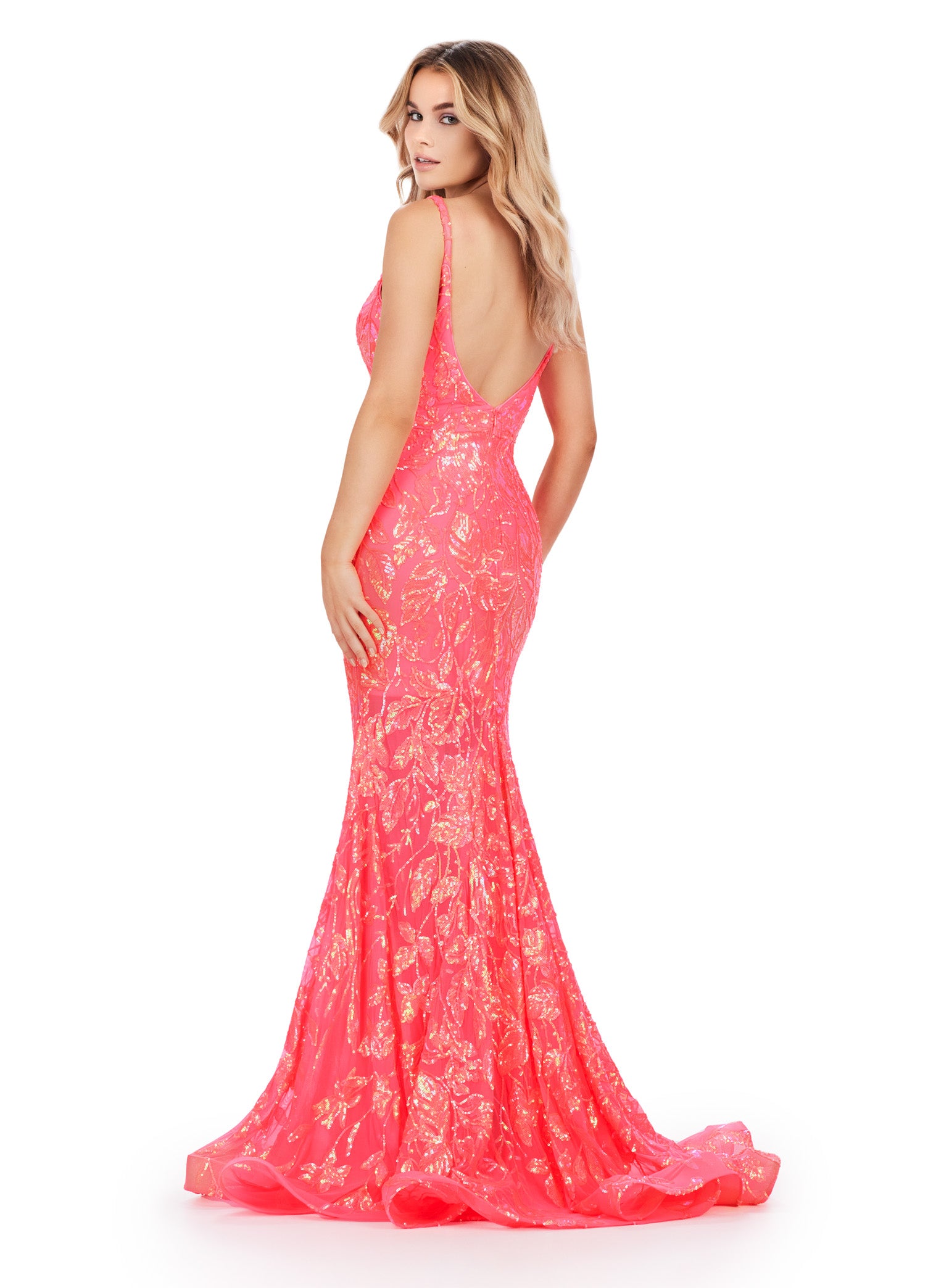 Elevate your prom or pageant look with the Ashley Lauren 11444 gown. Featuring a dazzling sequin design, spaghetti straps, and a low back, this formal dress is sure to turn heads. Its long length adds elegance, while the spaghetti straps provide comfort and support. Make a statement with this stunning gown. Look like royalty in this fully sequin gown! From its elegant top, open back and flare skirt, this gown has it all!