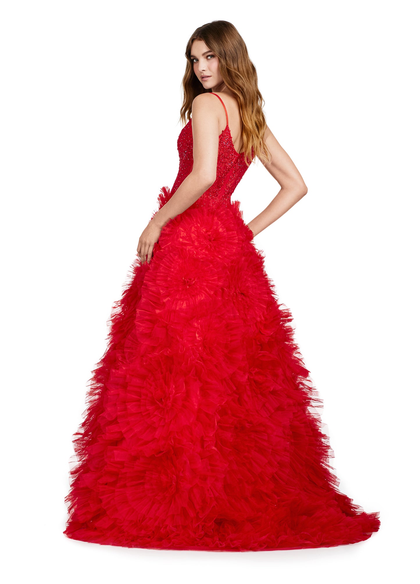 Go all out in this stunning Ashley Lauren 11446 Long Prom Dress. With a flattering spaghetti strap V-neck design and a dramatic tulle ruffled skirt, this gown will make you stand out at any formal occasion. Perfect for proms, pageants, and more. Feel confident and elegant in this beautiful dress. Looking for a dress that will WOW? Look no further! This luscious gown has a full tulle ruffled skirt and a deep V-neck. You're sure to stand out in this!