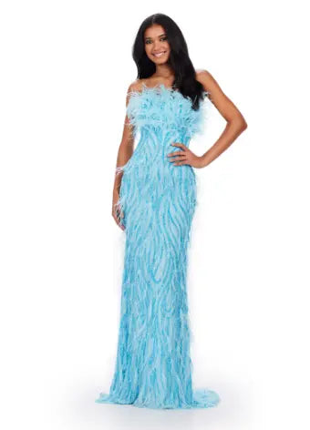 This Ashley Lauren long prom dress features a strapless, fully beaded bodice and a stunning feathered skirt, making it the perfect choice for any formal pageant. The intricate detailing and elegant design truly make this gown stand out and ensure you'll make a statement at any event. We're here for this look! This fully beaded strapless gown features an intricate beaded design and feathers throughout to help you stand out at your next event.