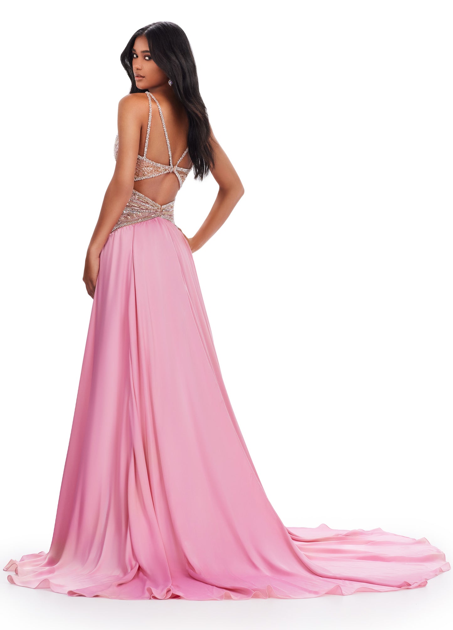 Be a showstopper in this stunning Ashley Lauren 11455 Long Prom Dress. The halter charmeuse gown features a fully beaded top and a V-neck, creating a glamorous look. With a flowing train and elegant silhouette, this dress is perfect for formal events and pageants. Elevate your style with this one-of-a-kind gown. Feel like a goddess in this charmeuse gown with a fully beaded bodice. The dress features a dramatic overskirt and a detailed bodice to make this look absolutely fabulous.