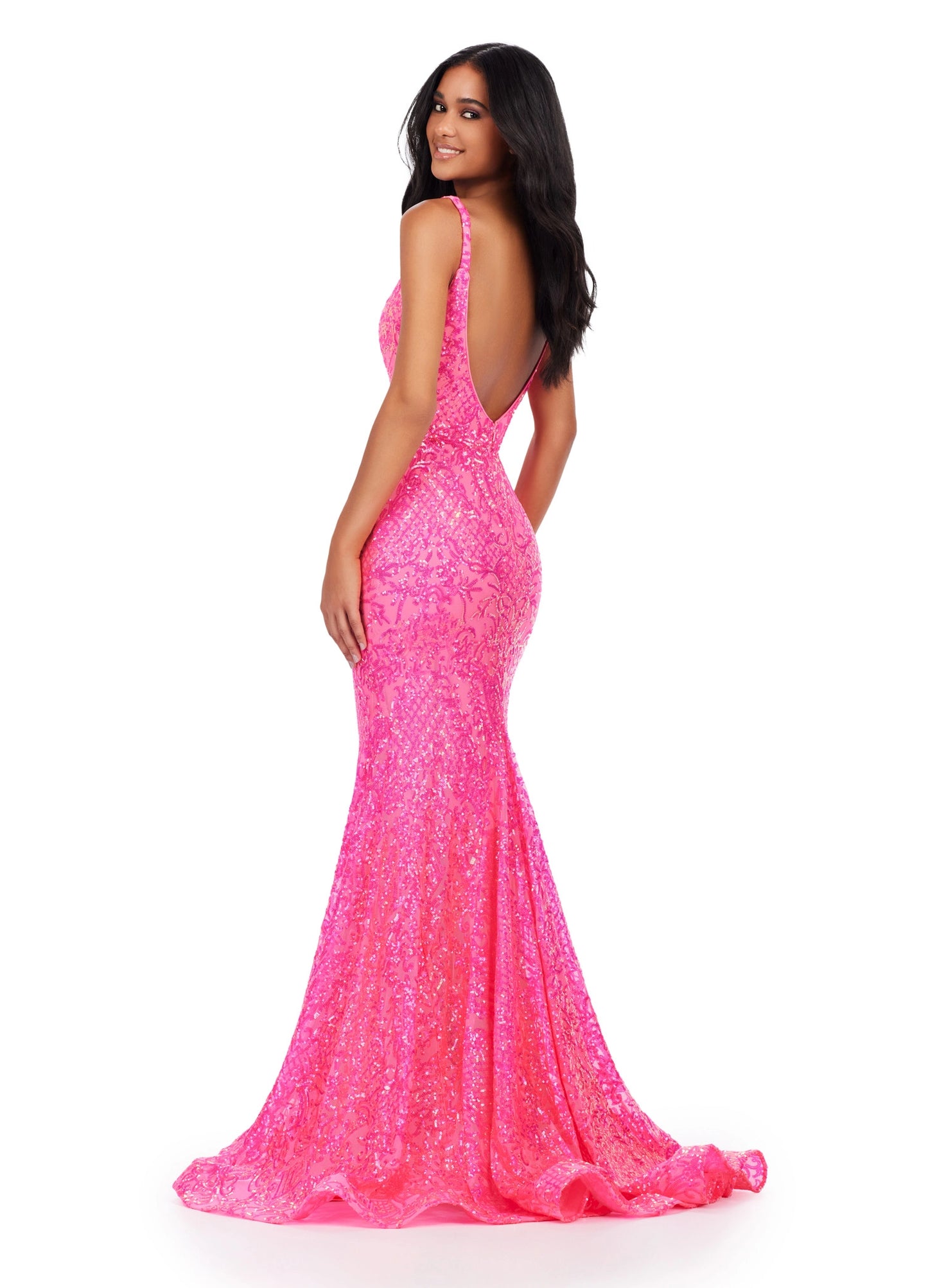 This eye-catching Ashley Lauren 11466 Long Sequin Mermaid Prom Dress is sure to make a statement. The glamorous V-neck, backless design, and long mermaid skirt make this the ultimate formal gown. Perfect for making a lasting impression. A dress perfect for any event. This intricate stretch sequin gown features a V-Neckline and a low cut back.