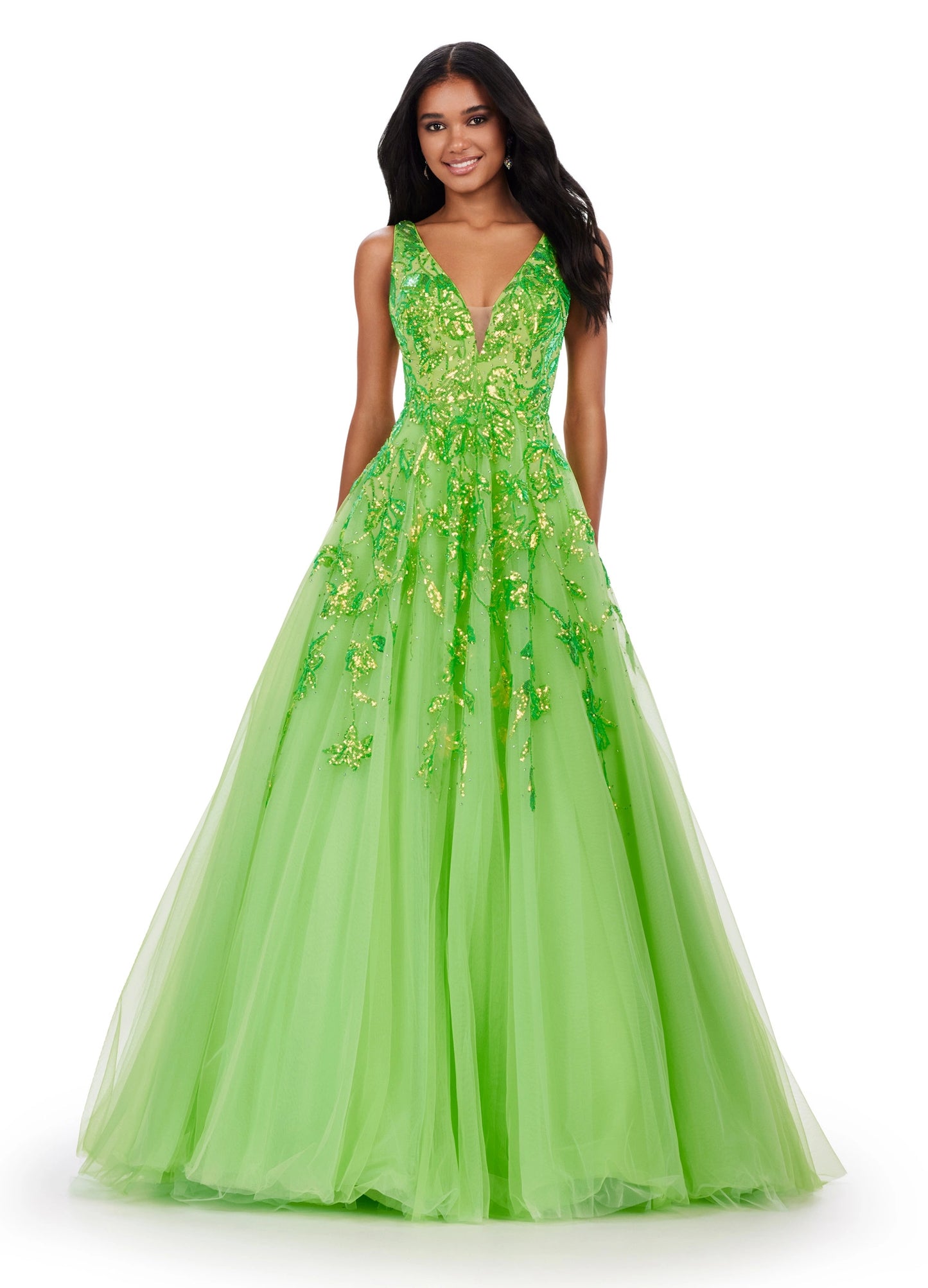 This Ashley Lauren 11470 Prom Dress will make a statement at any occasion. Made with sequin fabric and a pleated tulle skirt, the A-line silhouette will flatter any body shape, while the V-neckline adds a touch of sophistication. This glamorous gown is the perfect choice for making a lasting impression. 