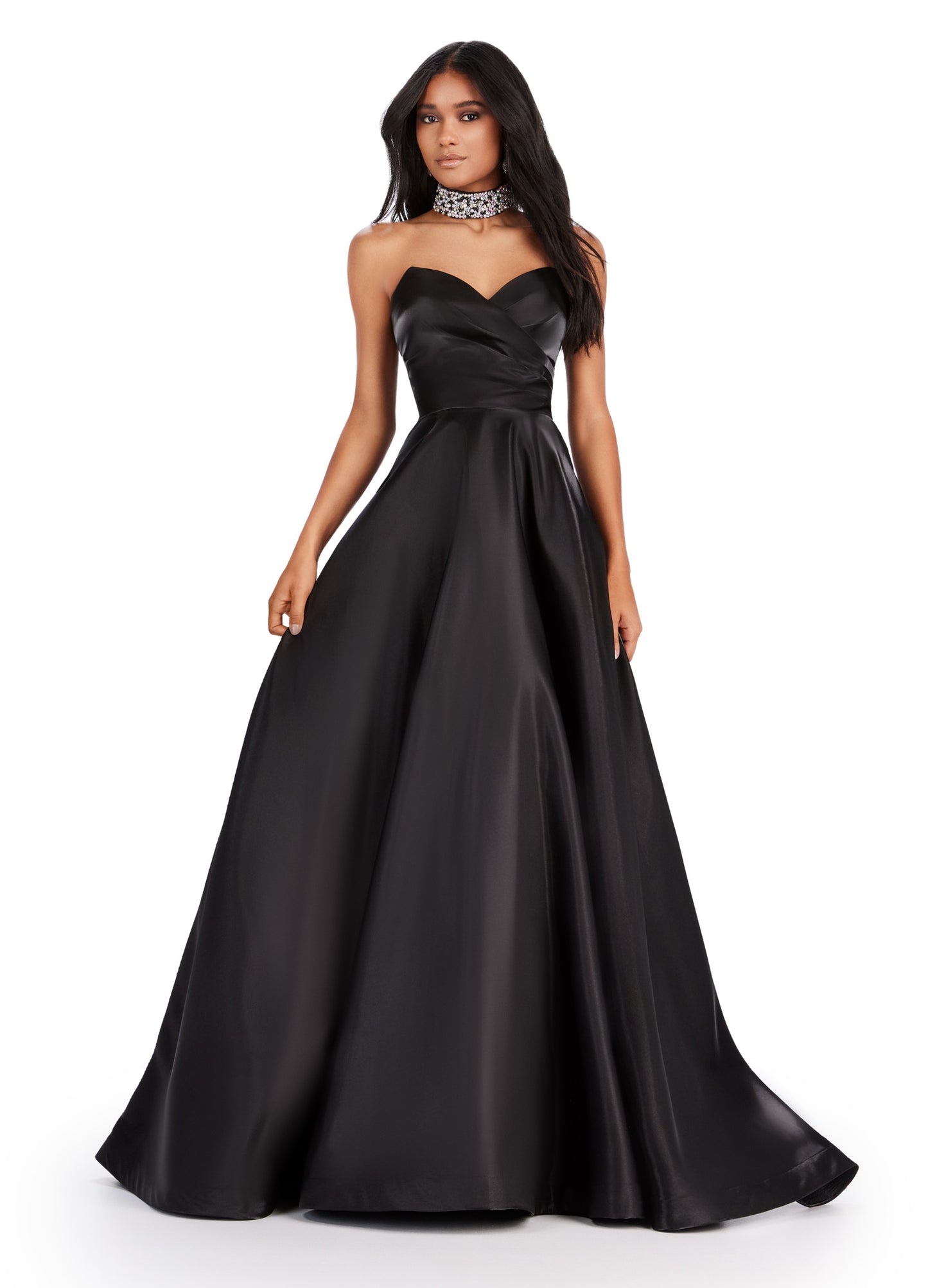 Elevate your eveningwear with the Ashley Lauren 11473 Long Prom Dress. Crafted from luxurious satin, this strapless ball gown features a beaded choker neckline for a touch of glamour. Perfect for formal events and pageants, this dress will make you feel like a true princess. Be the belle of the ball in this fabulous A-Line ball gown. This strapless satin dress features a sweetheart neckline and a fully beaded choker to match.