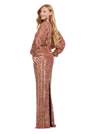 Be the star of any event with the Ashley Lauren 11490 Long Prom Dress. Its stunning V-neck, sequin detailing, and dolman sleeves add the perfect touch of glamour. This elegant evening gown is also perfect for formal events, pageants, and more. Make a statement with this timeless and sophisticated piece. Fun and fabulous! This elegant, fully beaded gown features a v-neckline and dolman sleeves to give the perfect amount of glam at your next event.