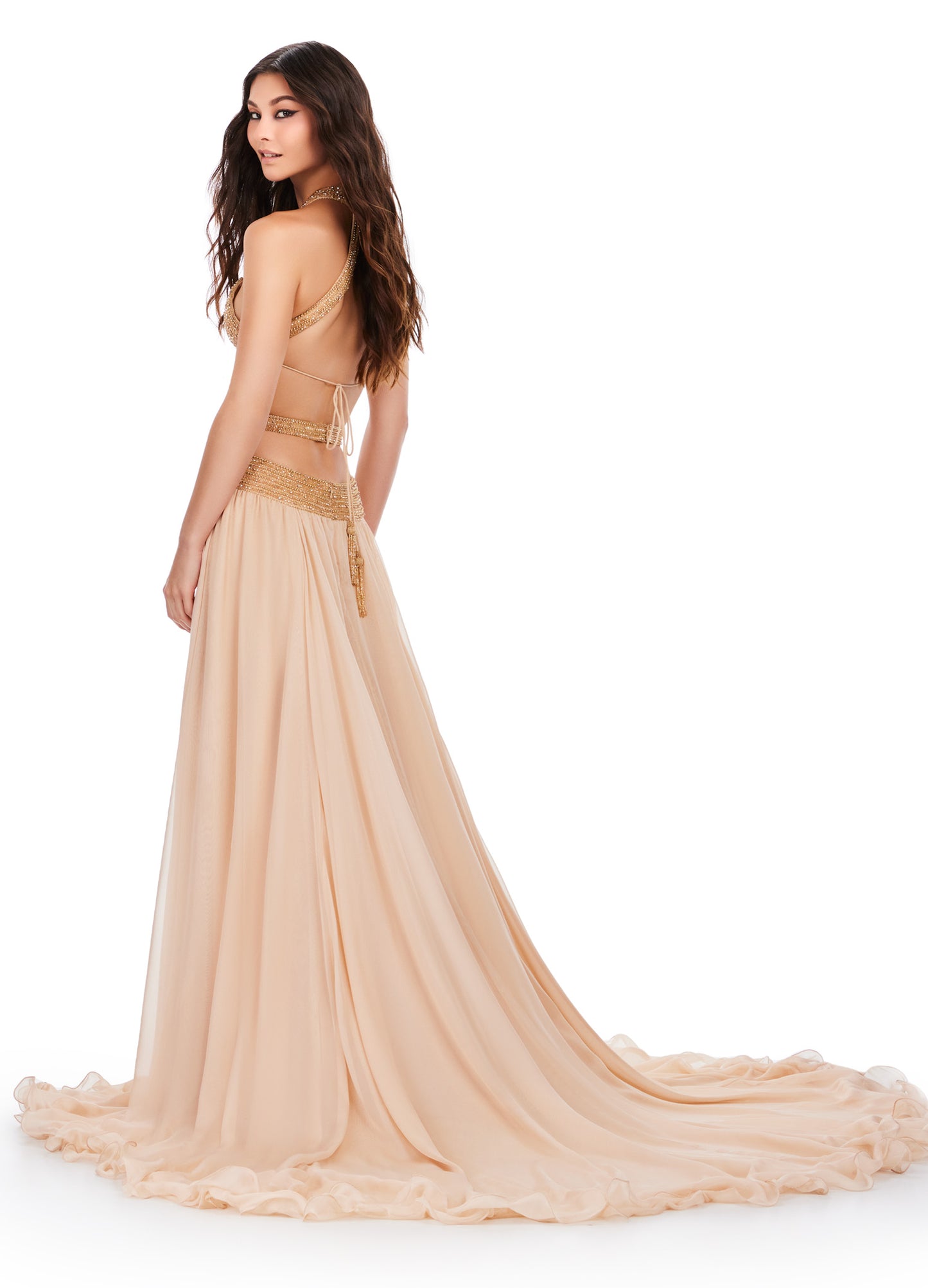 Elevate your formal attire with the Ashley Lauren 11504 Long Prom Dress. The cut out gown boasts a beaded bustier and chiffon skirt, creating a stunning silhouette that will turn heads. Perfect for prom, pageants, or any special occasion. Make a statement in this elegant and fashionable dress. Feel like royalty in this fabulous chiffon gown. The fully beaded bustier features intricate cut outs and an open back that'll be sure to set you apart from the crowd.