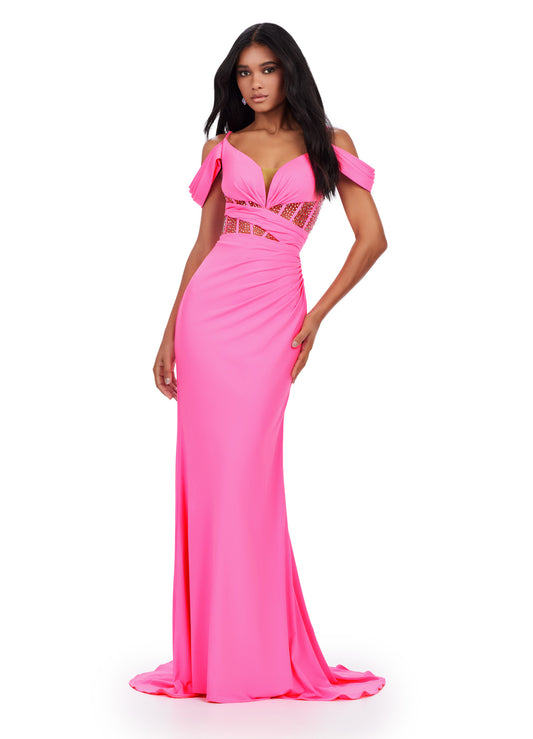 Indulge in timeless elegance with the Ashley Lauren 11536 Long Prom Dress. The spaghetti strap jersey gown features exposed corset boning for a flattering fit, while the formal pageant gown showcases your sophistication. Make a lasting impression with this stunning dress. A jersey gown with a twist! This dress features a spaghetti strap design with off shoulder details. The star of the show? The exposed beaded corset boning to add an extra sense of glam to this look.