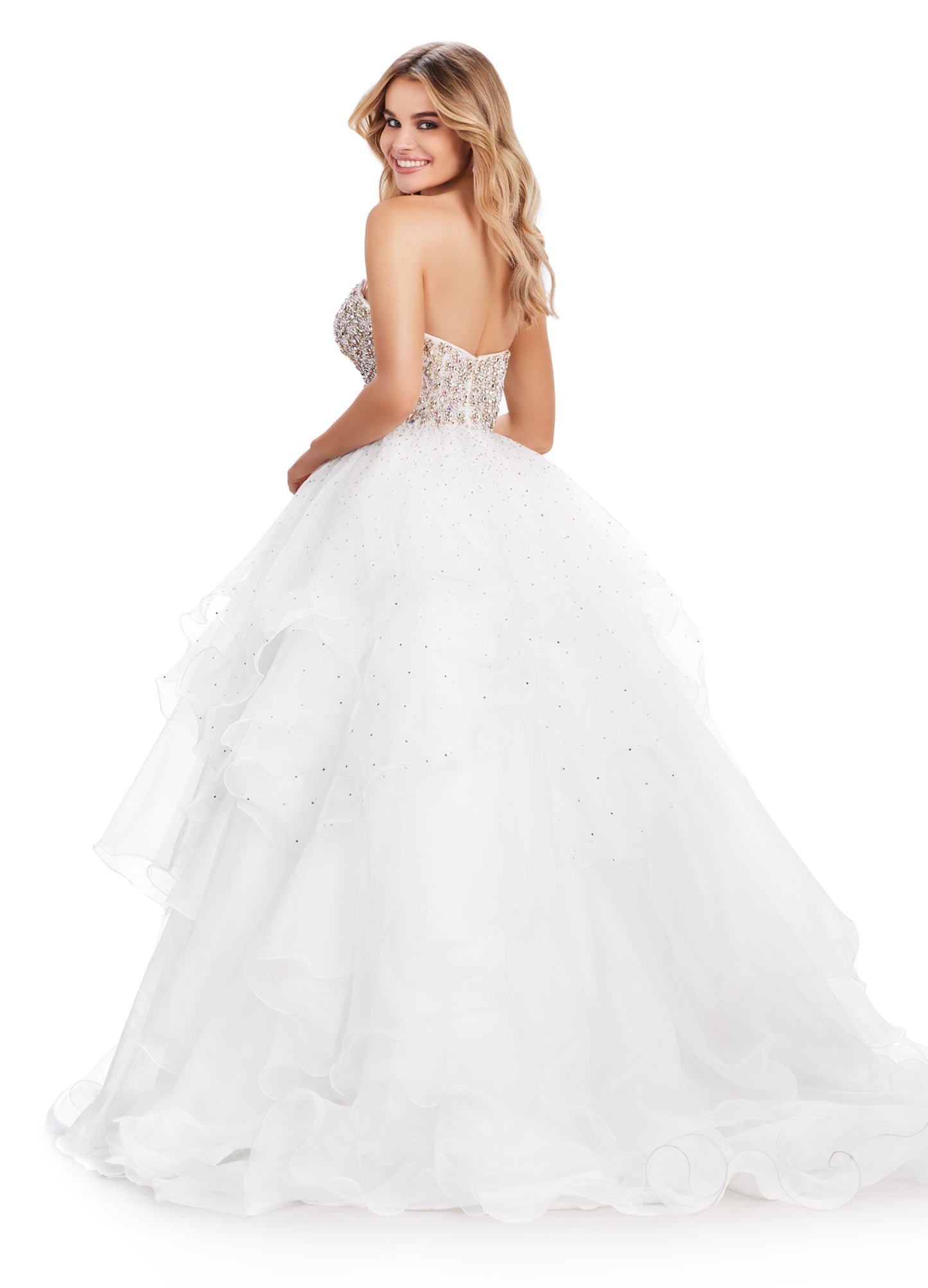 Expertly crafted and designed for a show-stopping appearance, the Ashley Lauren 11545 Long Prom Dress is sure to make you stand out at any formal event. With a strapless organza ball gown silhouette and a beaded bustier, this gown exudes elegance and glamour. Perfect for pageants or prom, this dress will make you feel confident and beautiful. The dreamiest dress! This strapless organza ball gown features a fully beaded bustier and ruffled organza skirt. 