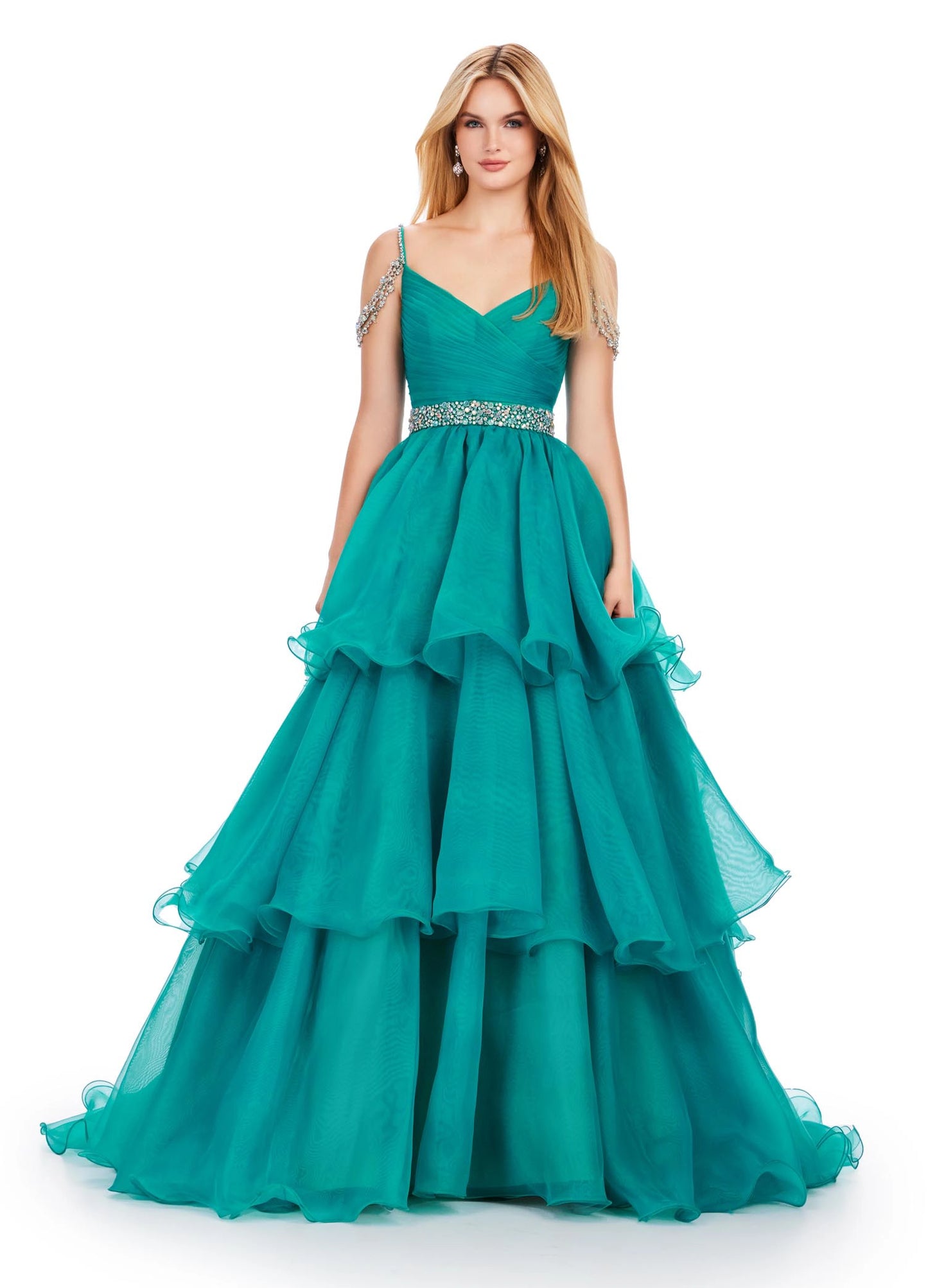 The Ashley Lauren 11561 is the perfect formal dress for prom, pageants, and galas. Featuring off-the-shoulder straps, a crystal embellished bodice, and tiered organza long layer skirt, this gown will ensure you make a statement. Enjoy a comfortable and stylish night in this elegant gown. 