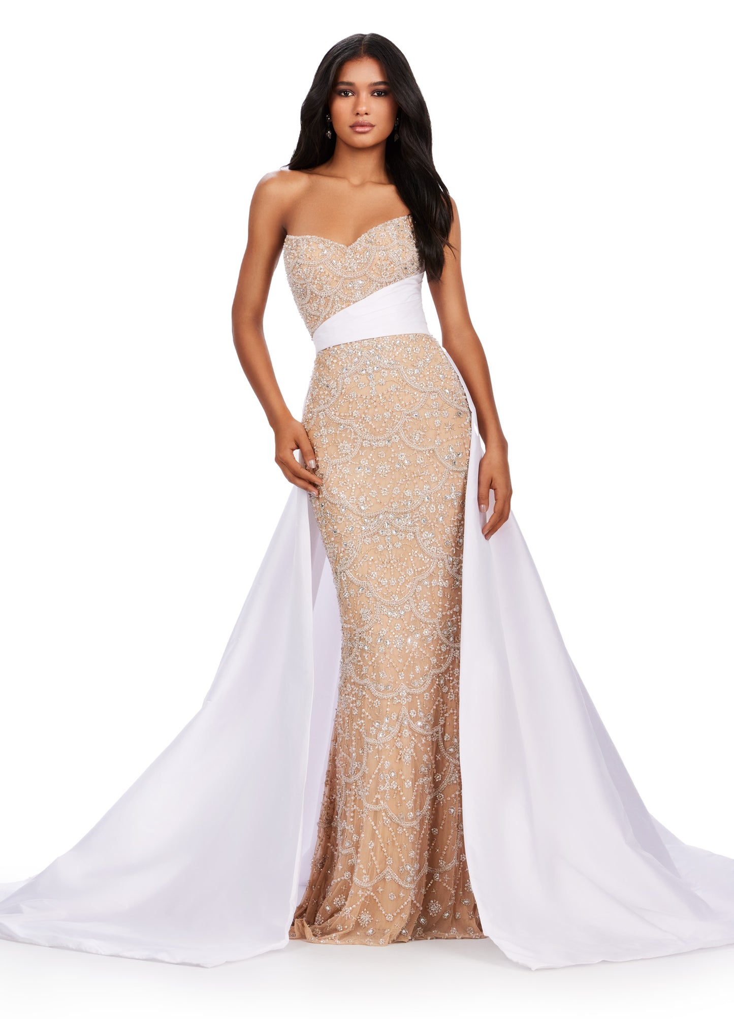 Elevate your formal attire with the Ashley Lauren 11571 long prom dress. Adorned with intricate beadwork and a taffeta belt, this gown exudes elegance and sophistication. The overskirt adds a touch of glamour to the look. Perfect for prom, pageants, or any special occasion. This strapless ball gown features a velvet bustier accented with crystal detailing at the waist. Feathers accent the scattered beading on the organza tiered ruffle skirt.