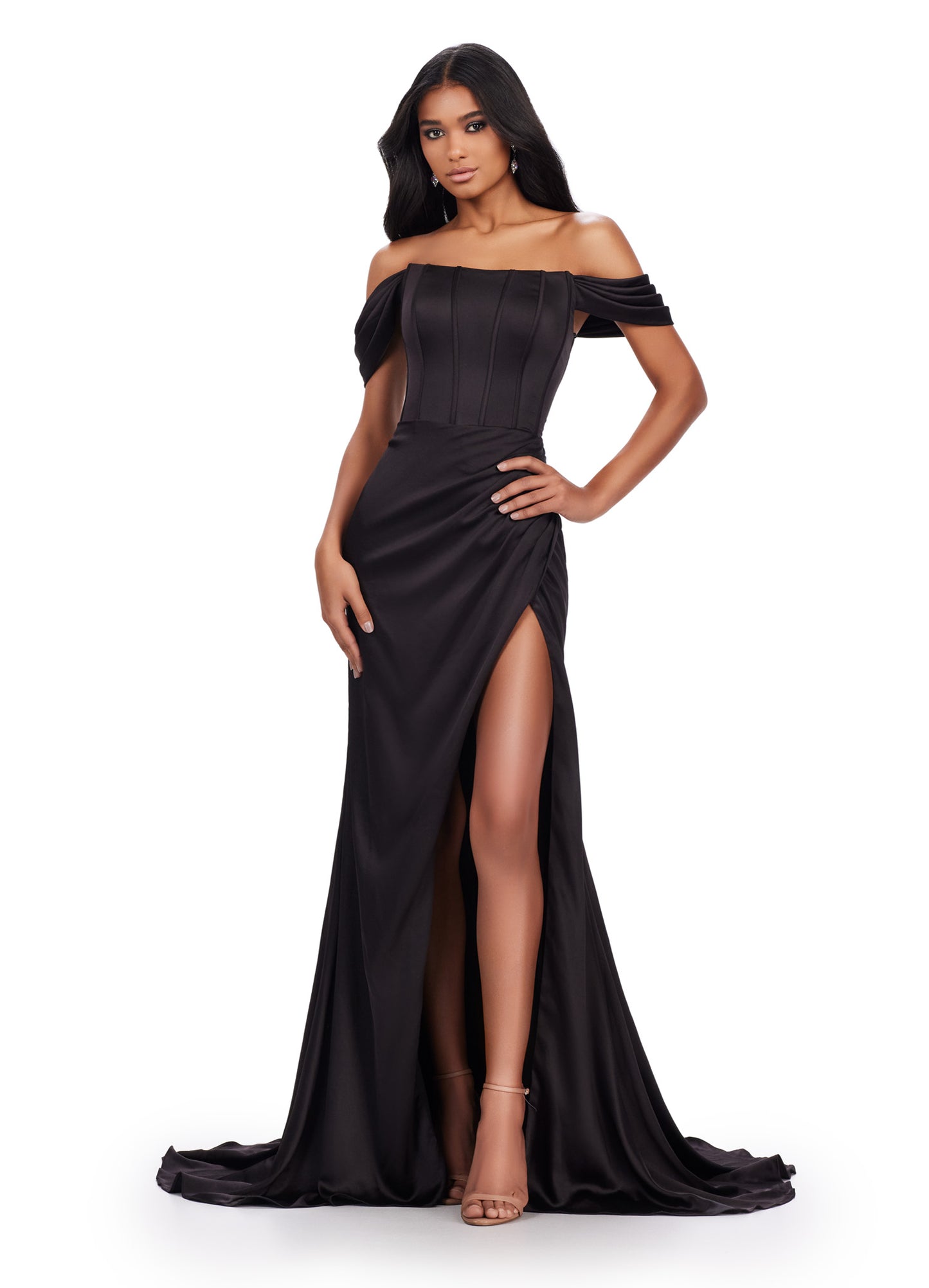 Expertly crafted by Ashley Lauren, this long prom dress features a stunning corset, elegant off shoulder design, and luxurious satin fabric. The daring high slit and flattering ruched hip accentuate your figure, making it perfect for formal events and pageants. Elevate your style with this exquisite gown. This strapless satin gown with corset bustier is accented by an elegantly draped skirt with slit. The look is complete with a sweep train and lace up back.