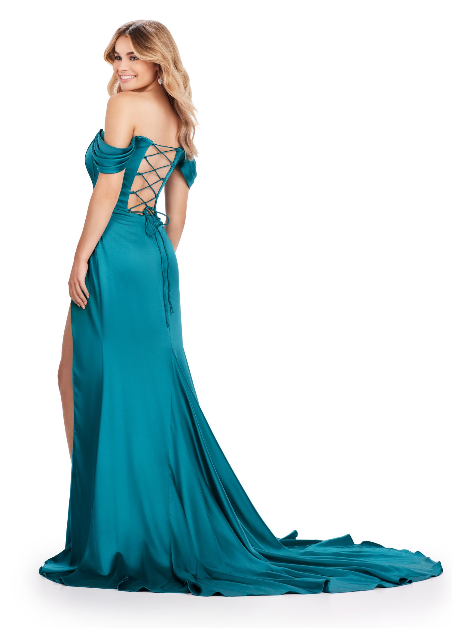 Expertly crafted by Ashley Lauren, this long prom dress features a stunning corset, elegant off shoulder design, and luxurious satin fabric. The daring high slit and flattering ruched hip accentuate your figure, making it perfect for formal events and pageants. Elevate your style with this exquisite gown. This strapless satin gown with corset bustier is accented by an elegantly draped skirt with slit. The look is complete with a sweep train and lace up back.